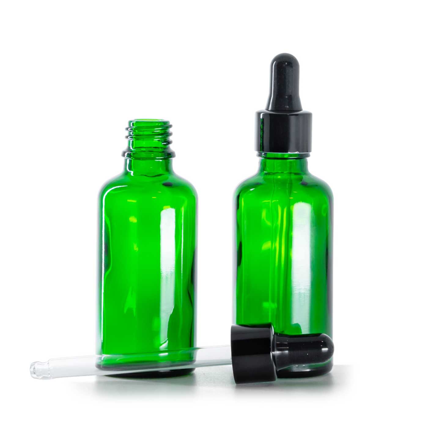 Zöld üvegpalack fényes fekete pipettával, 50 ml