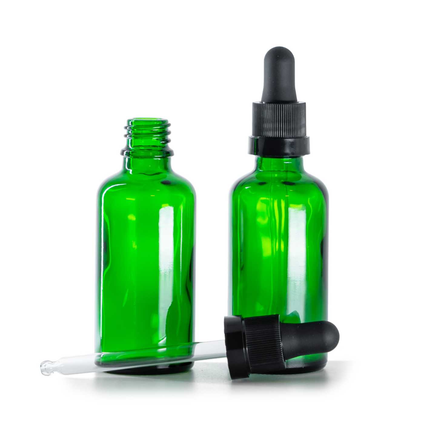 Zöld üvegpalack, matt fekete pipetta fényes gyűrűvel, 50 ml