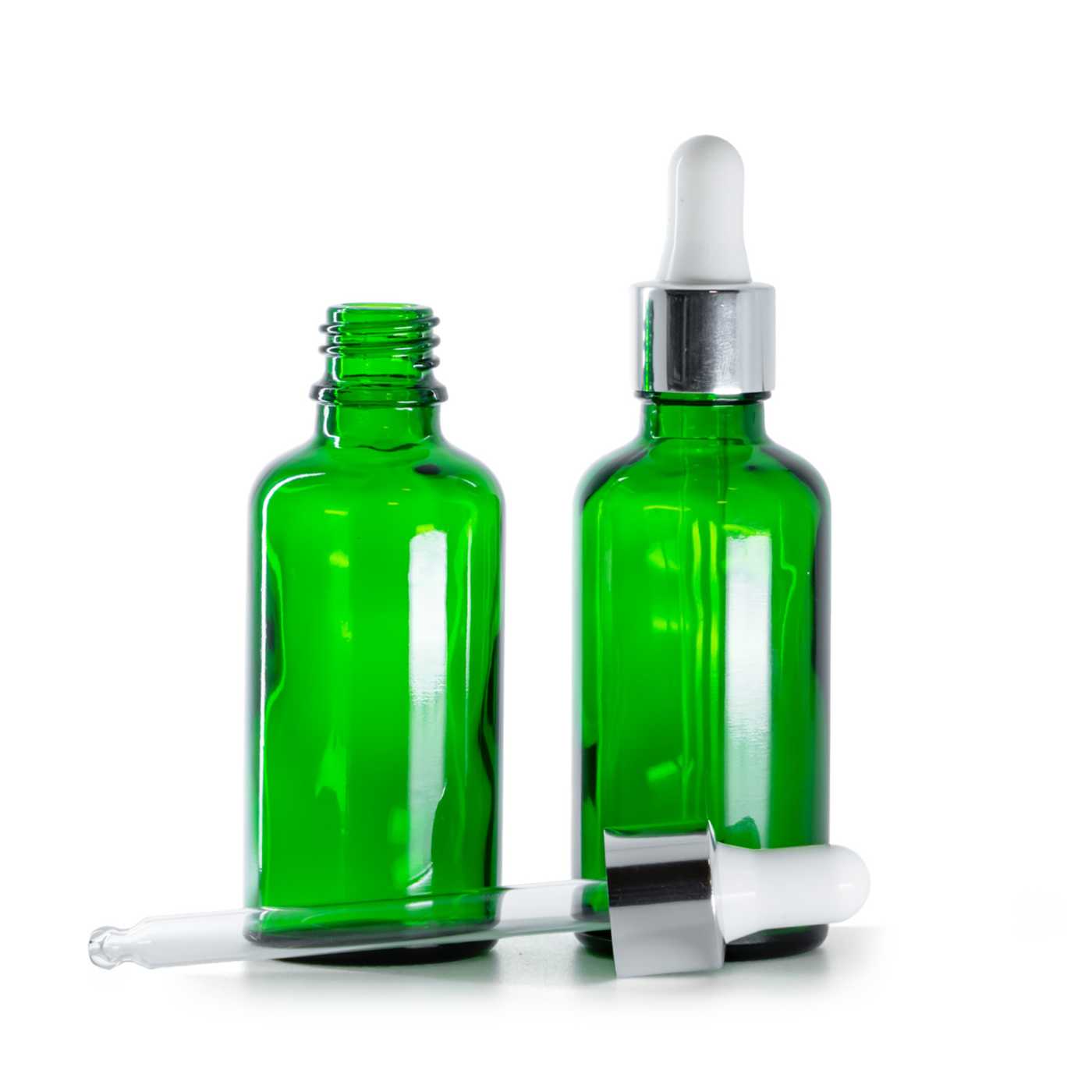 Sklenená fľaška, zelená, strieborné kvapátko, 50 ml