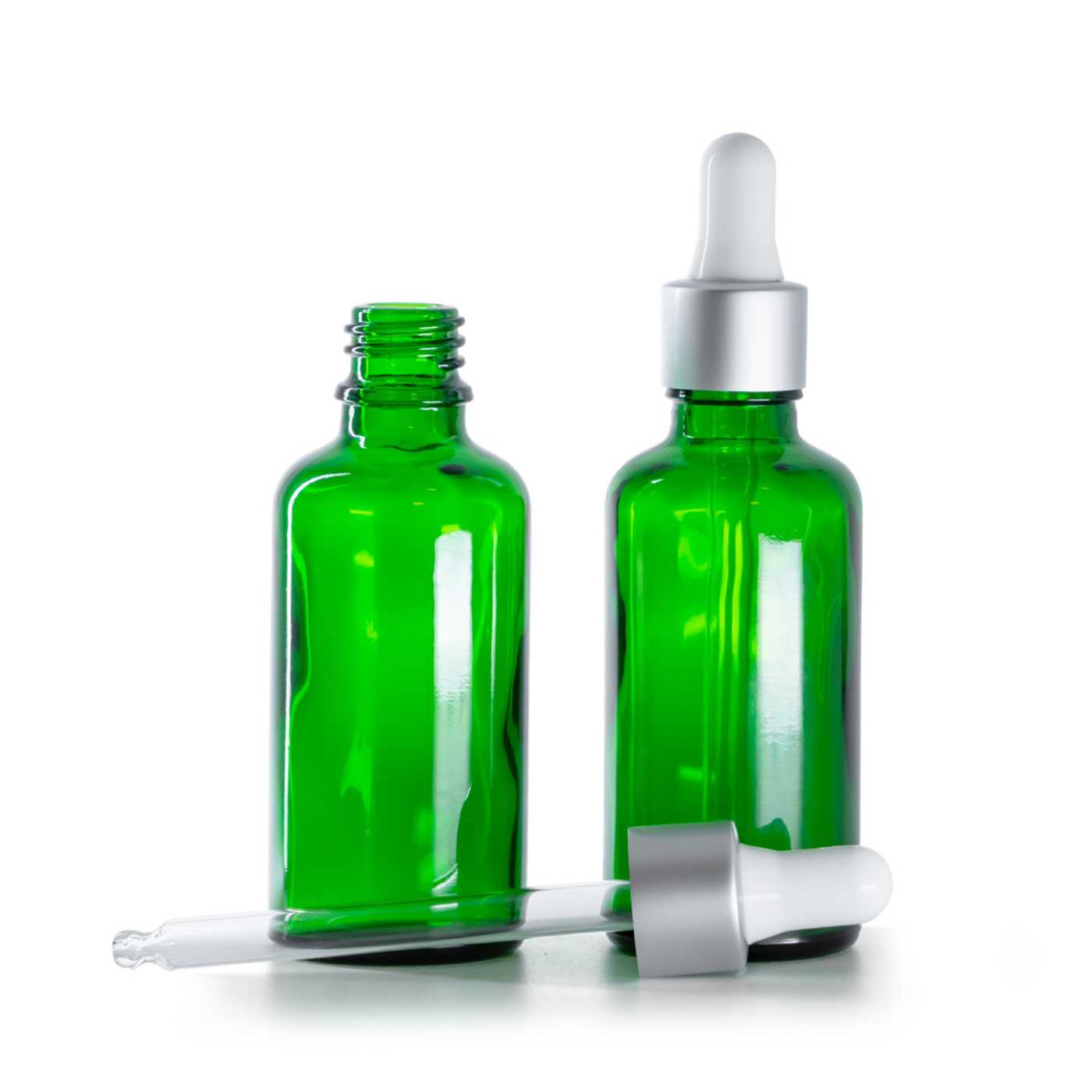 Zöld üvegpalack, matt ezüst cseppentős kupak, 50 ml