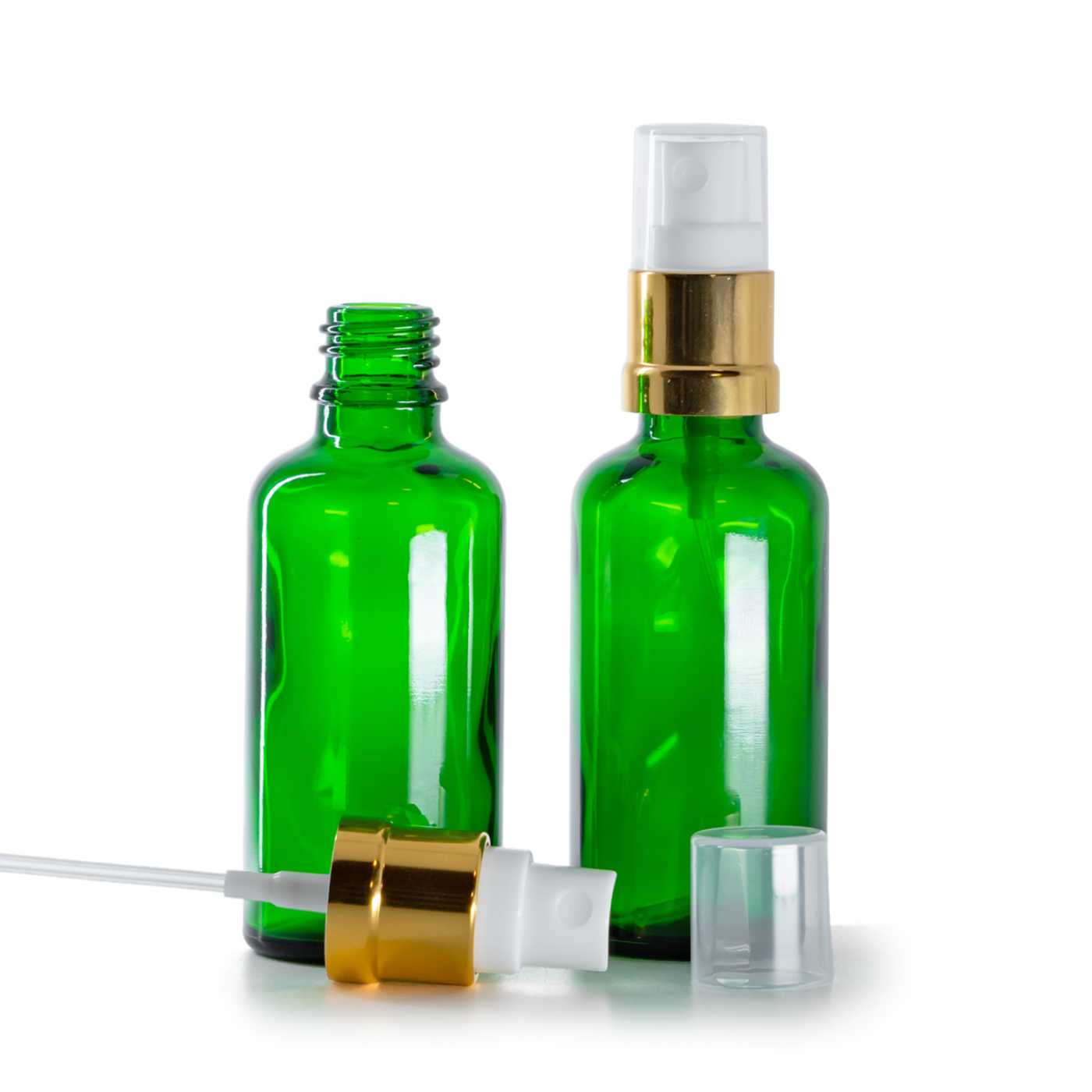 Zöld üvegpalack fehér-arany permetezővel, 50 ml