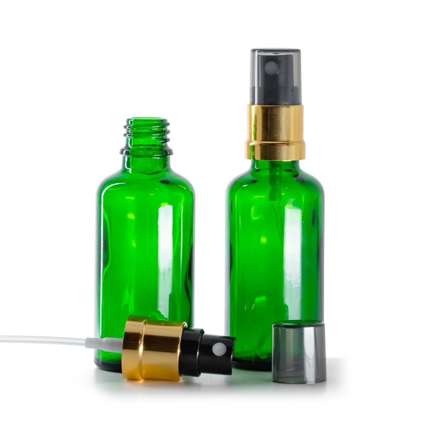 Zöld üvegcse, fekete-arany szórófej füstös felső kupakkal, 50 ml