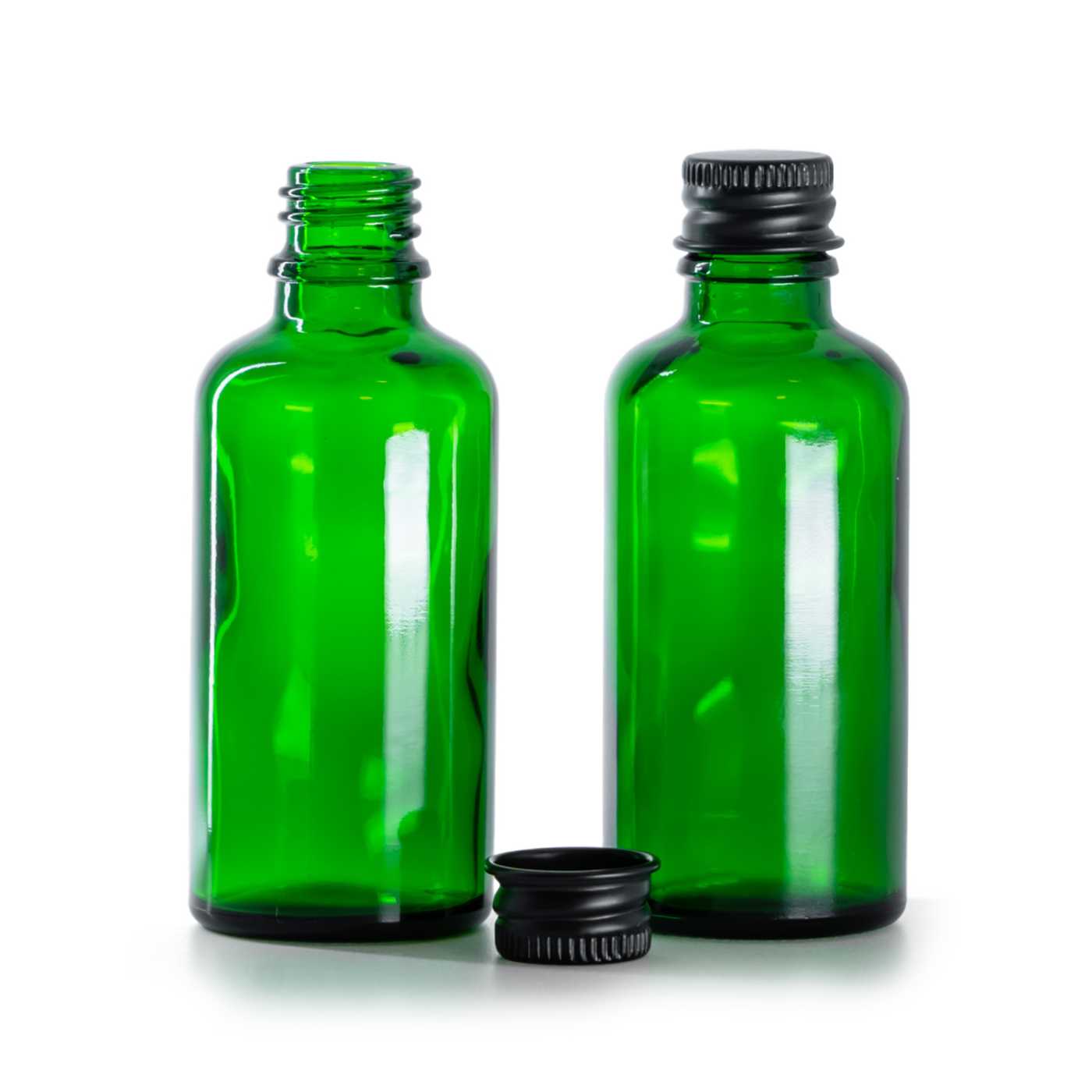 Zöld üvegpalack, fekete alumínium kupak, 50 ml