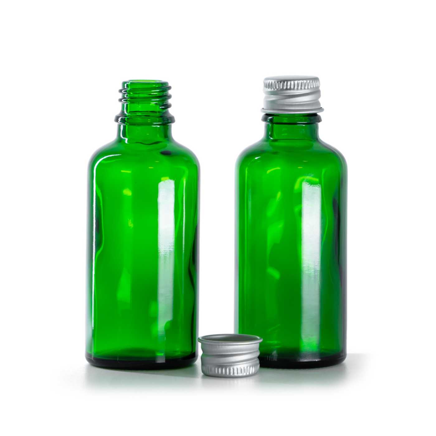 Zöld üvegcse, ezüst alumínium kupak, 50 ml