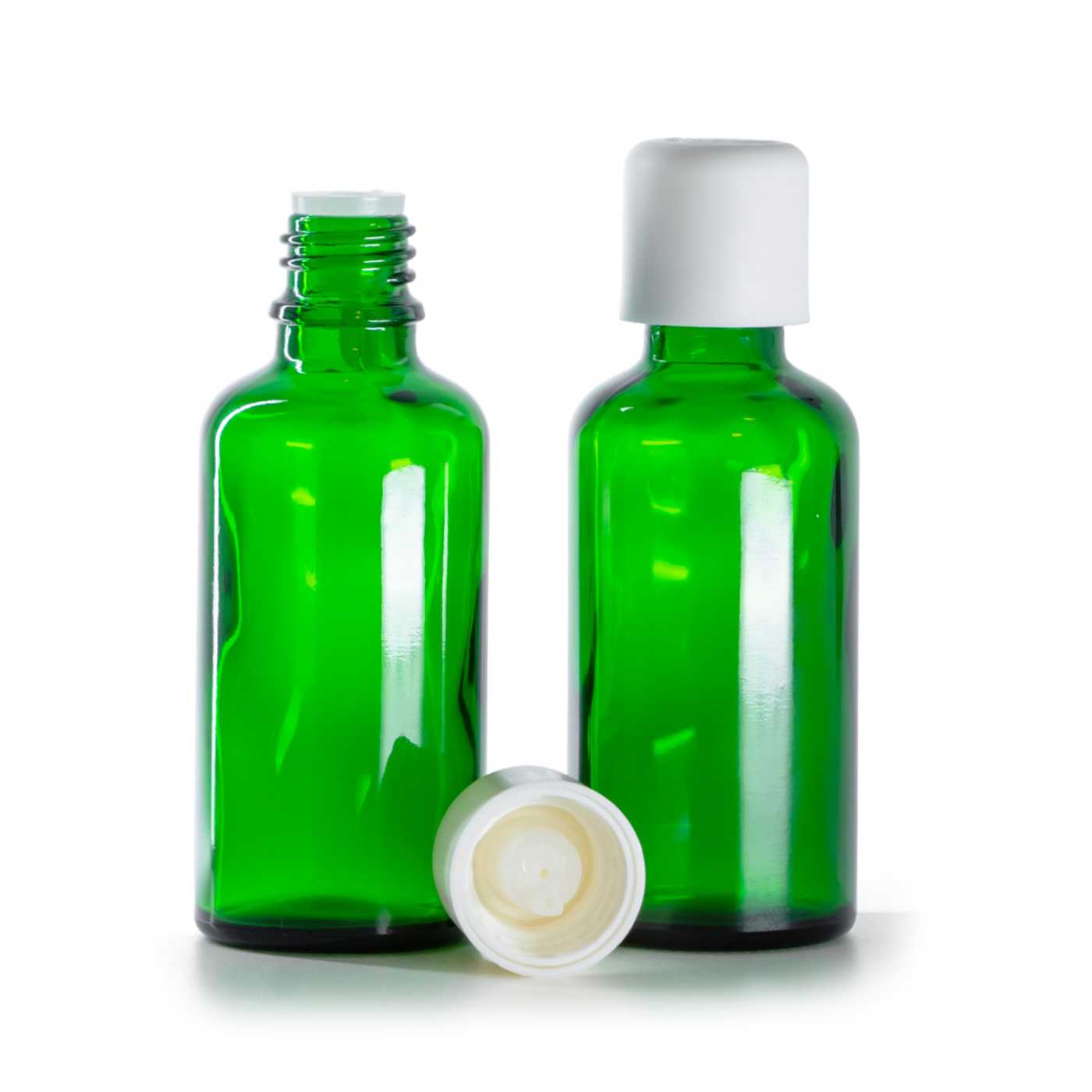 Zöld üvegpalack fehér biztonsági kupakkal és cseppentővel, 50 ml