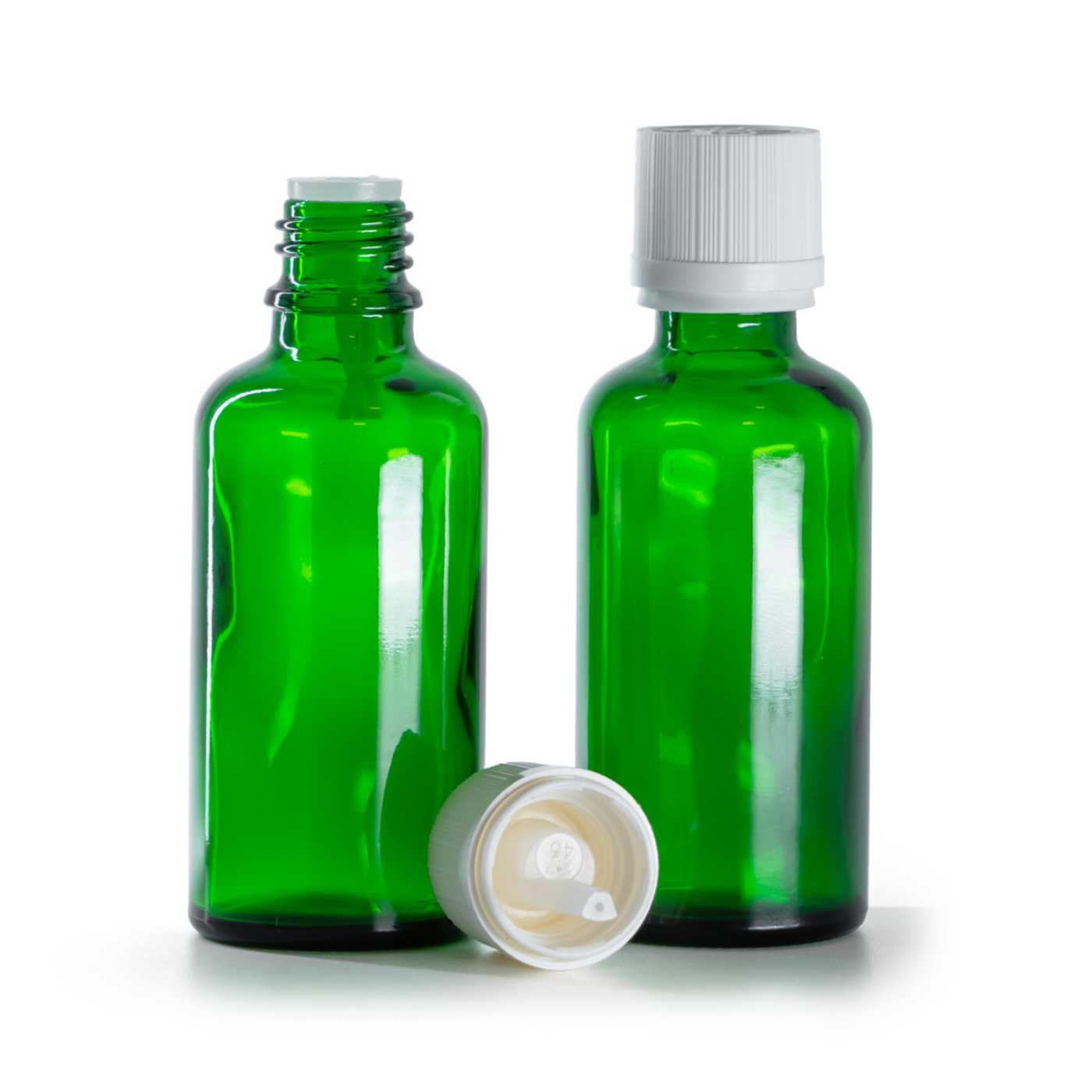 Zöld üvegpalack, fehér garanciazár cseppentővel, 50 ml