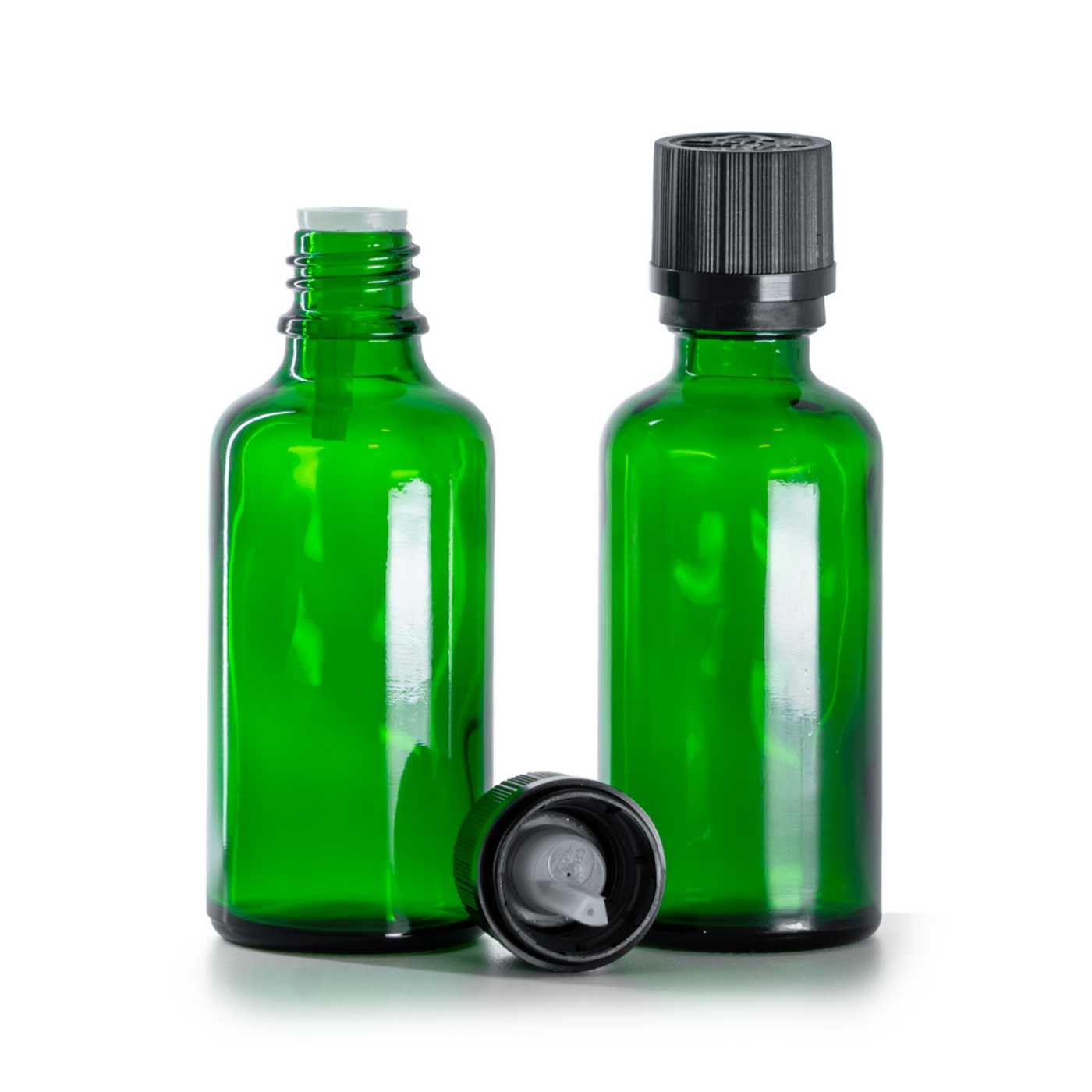 Flacon en verre vert, bouchon de sécurité noir avec compte‑gouttes, 50 ml