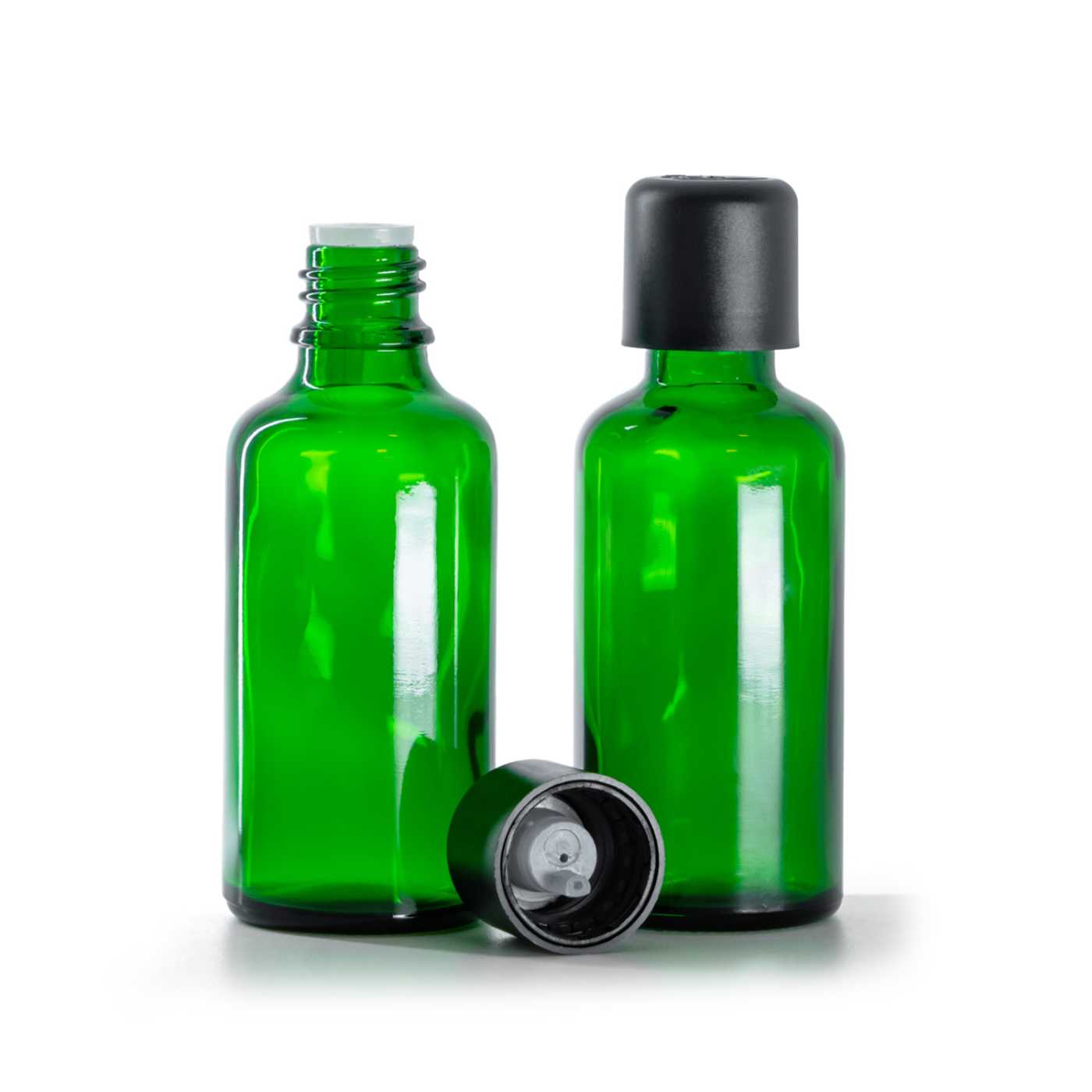 Zöld üvegpalack, fekete garanciazáras cseppentős kupak, 50 ml