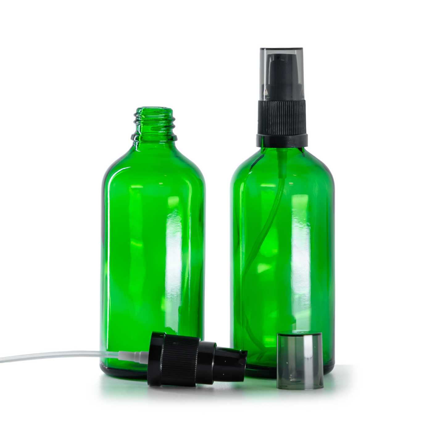 Flacon en verre vert, distributeur de crème avec surcapuchon fumé, 100 ml