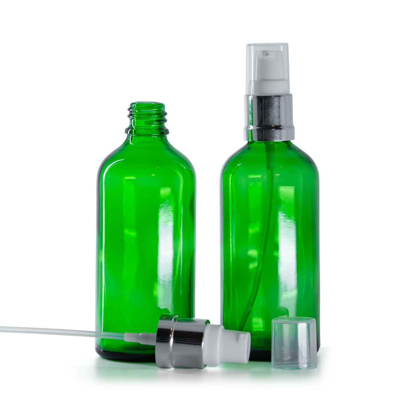 Zöld üvegpalack, fényes fehér-ezüst adagoló, 100 ml