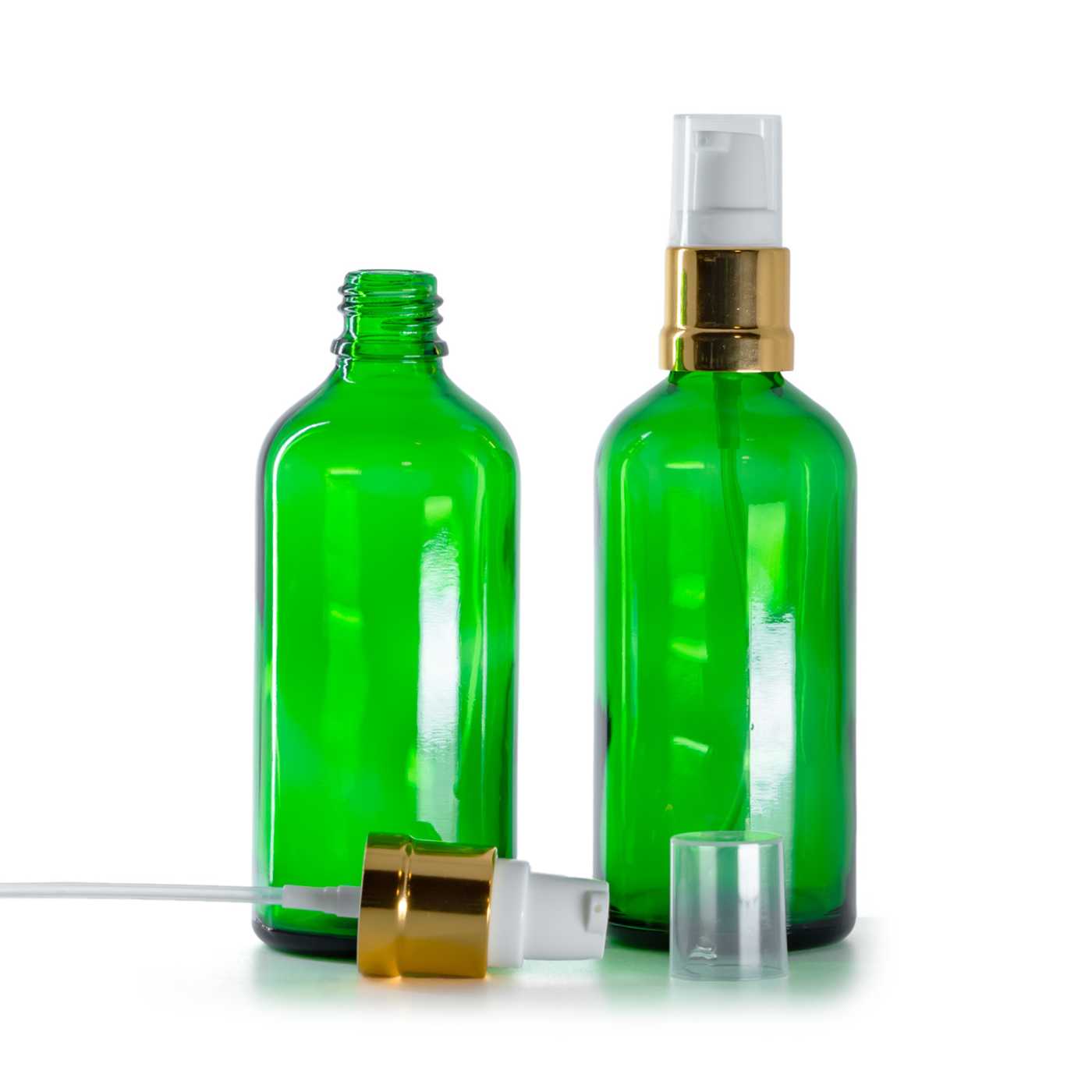 Zöld üvegpalack, fényes fehér-arany adagoló, 100 ml