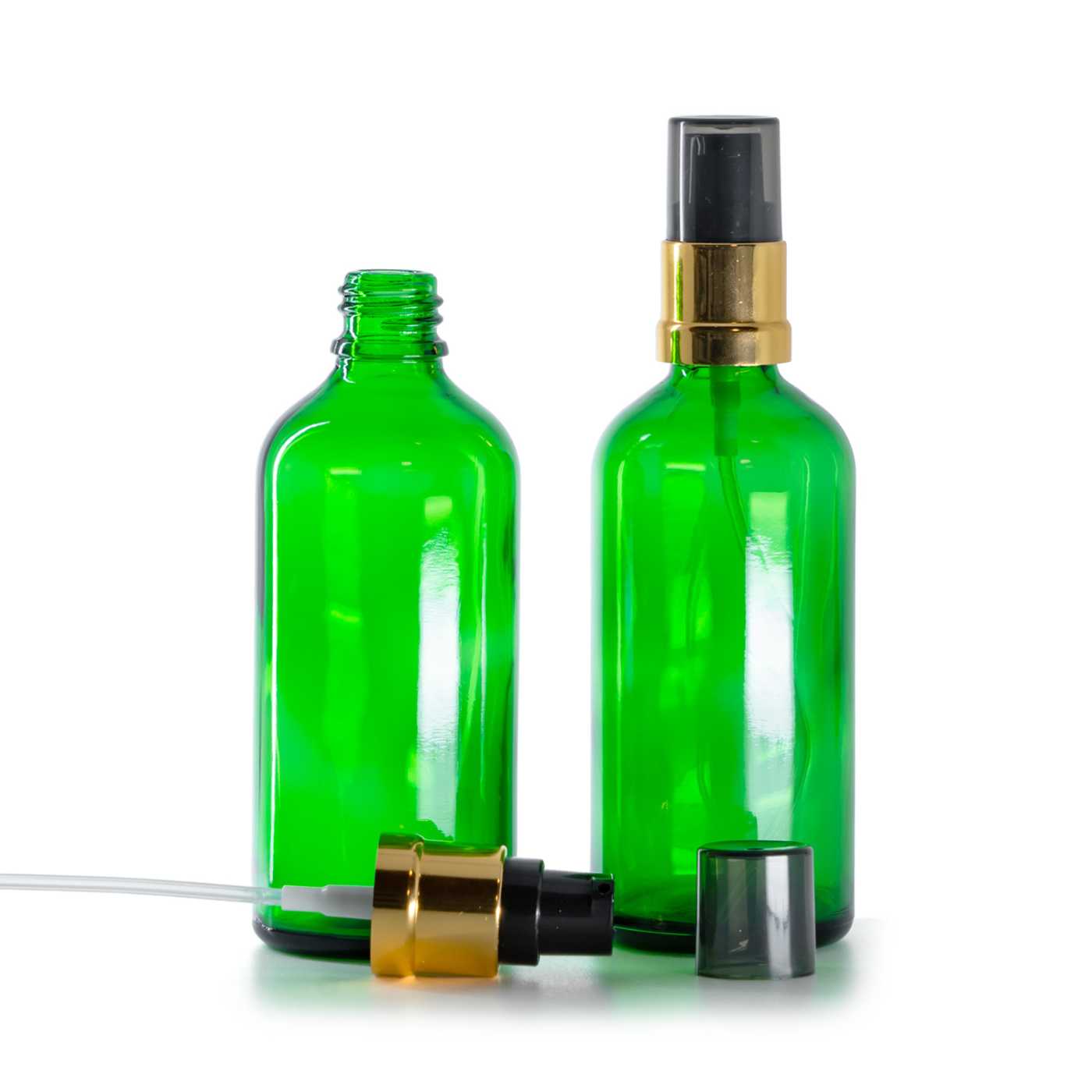 Zöld üvegcse, fényes fekete-arany adagoló füstös felső kupakkal, 100 ml