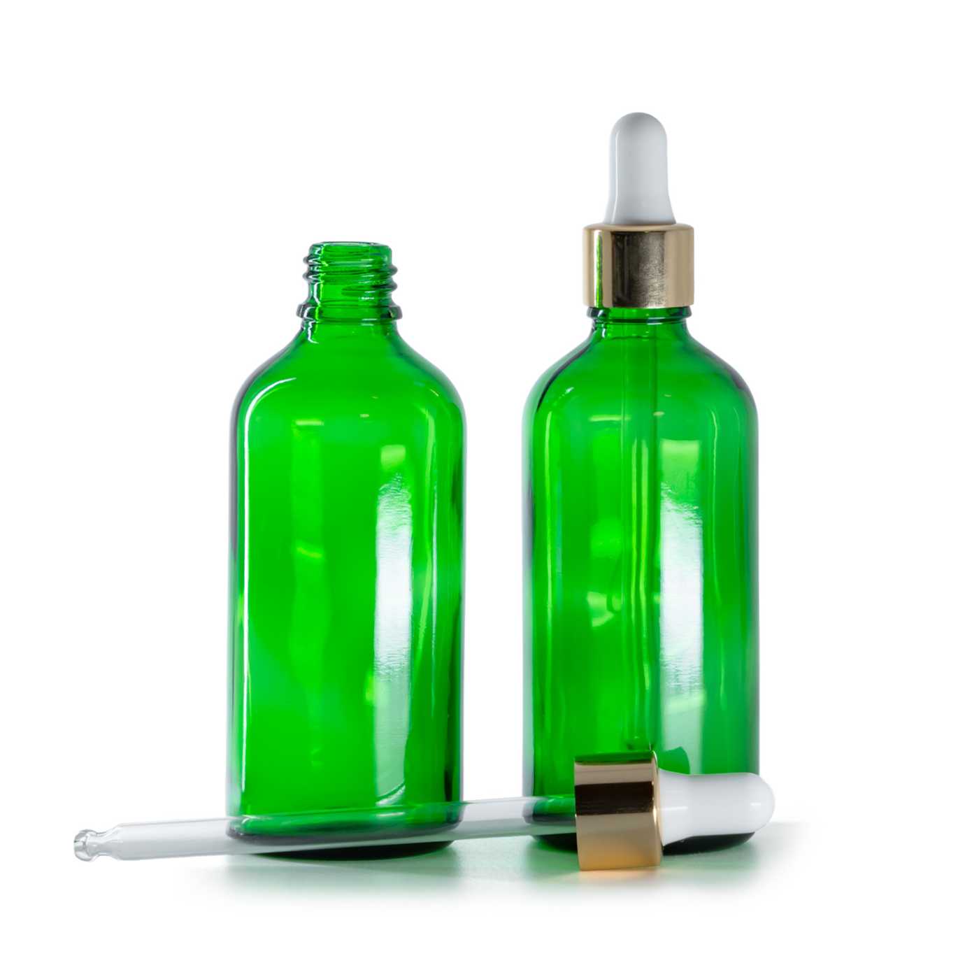 Zöld üvegpalack fehér-arany pipettával, 100 ml
