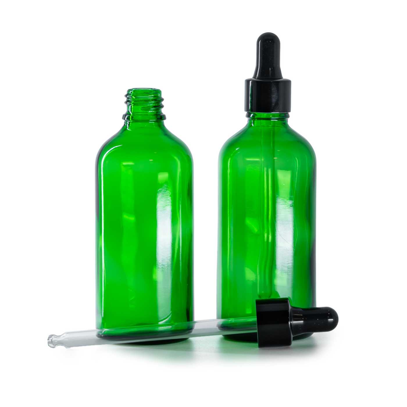 Zöld üvegpalack fényes fekete pipettával, 100 ml