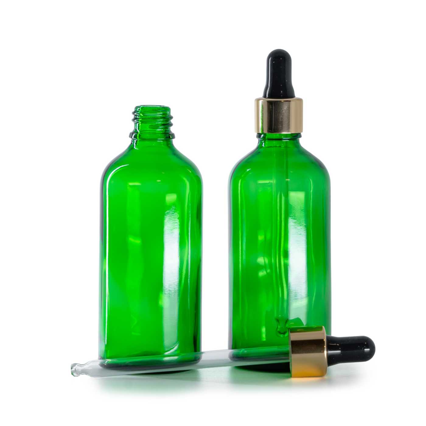 Zöld üvegpalack, fekete-arany cseppentős kupak, 100 ml
