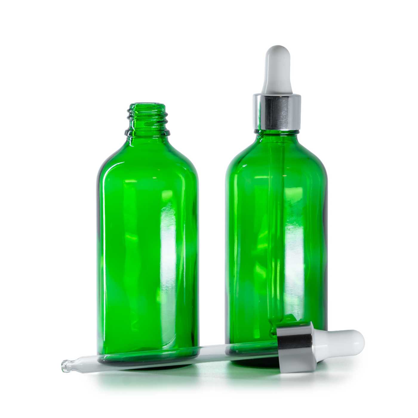 Zöld üvegpalack, ezüst pipetta, 100 ml