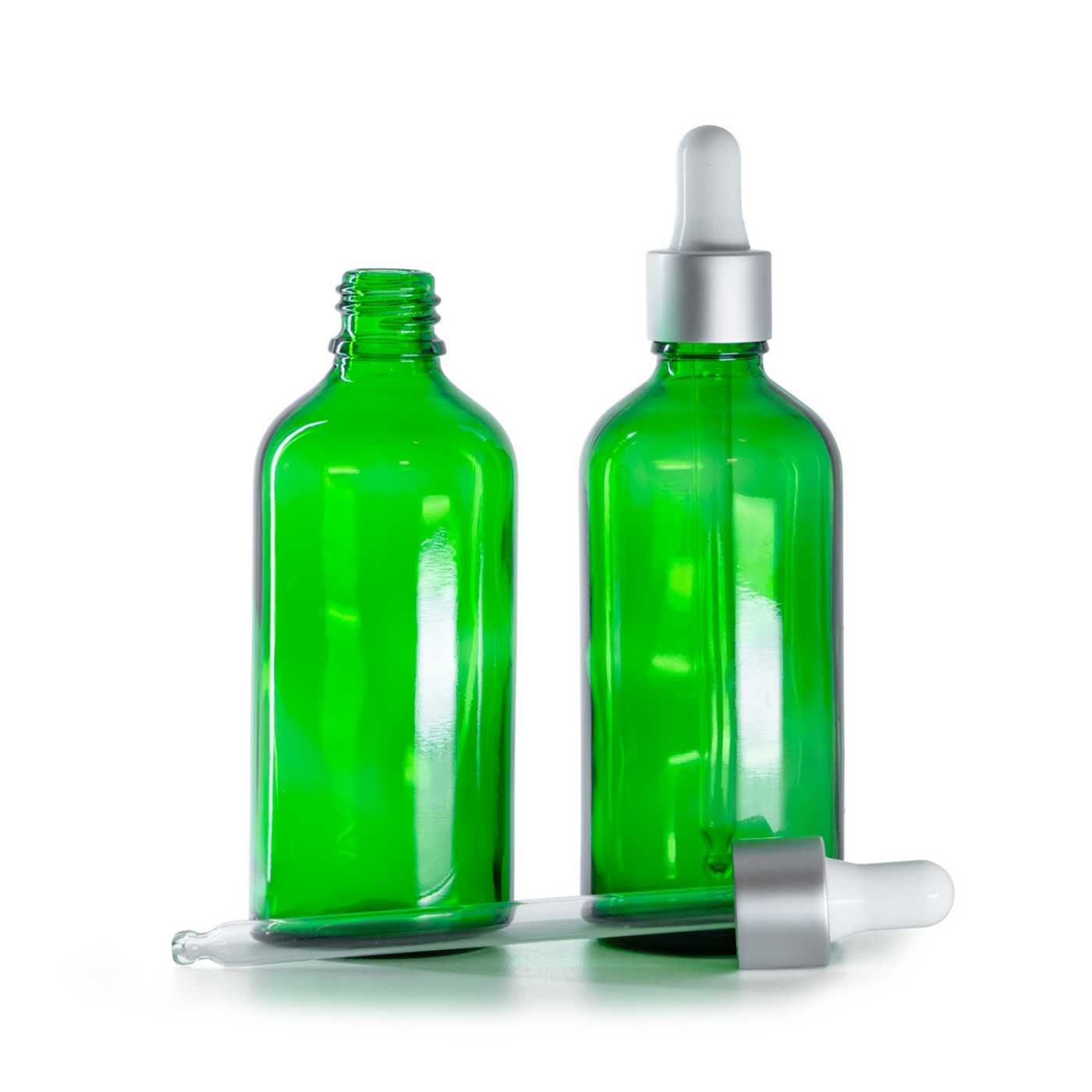 Zöld üvegpalack matt ezüst pipettás cseppentővel 100 ml