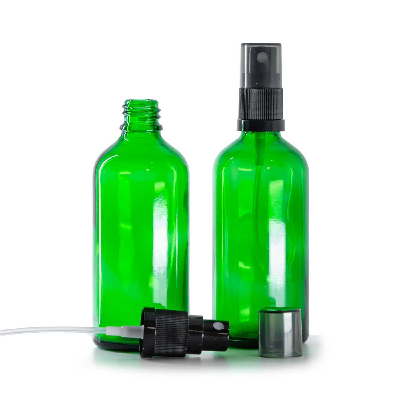 Butelka szklana zielona, czarny atomizer, kapturek dymny, 100 ml