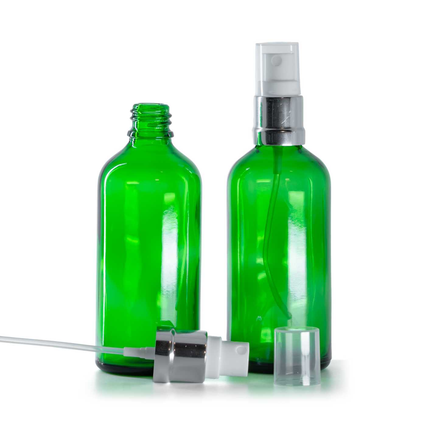 Butelka szklana, zielona, biało-srebrny atomizer, 100 ml