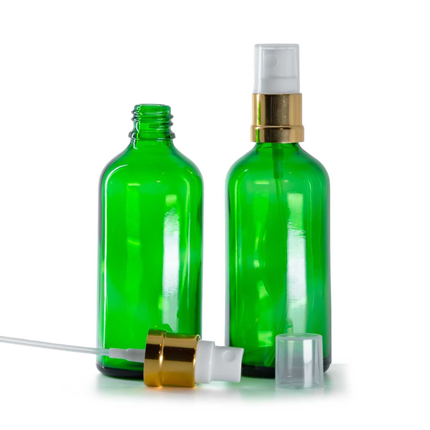 Zöld üvegpalack, fehér és fényes arany permetezőfej, 100 ml