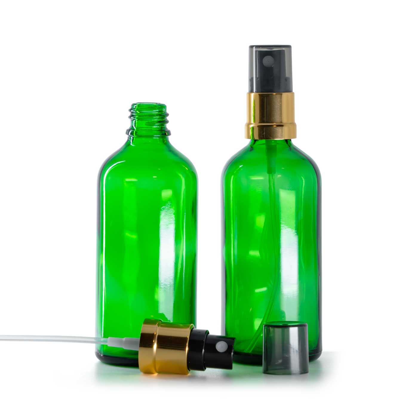 Zöld üvegcske, fekete-arany szórófej, füstös felső kupak, 100 ml