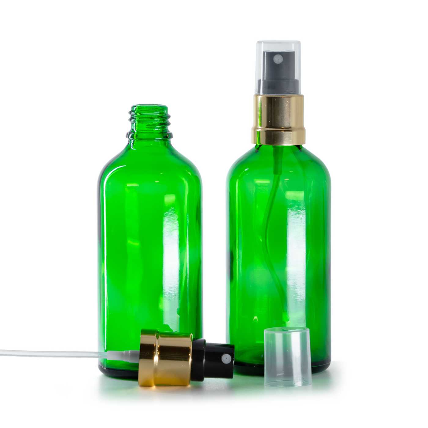 Flacon en verre vert, pompe spray noire avec bague dorée brillante, 100 ml