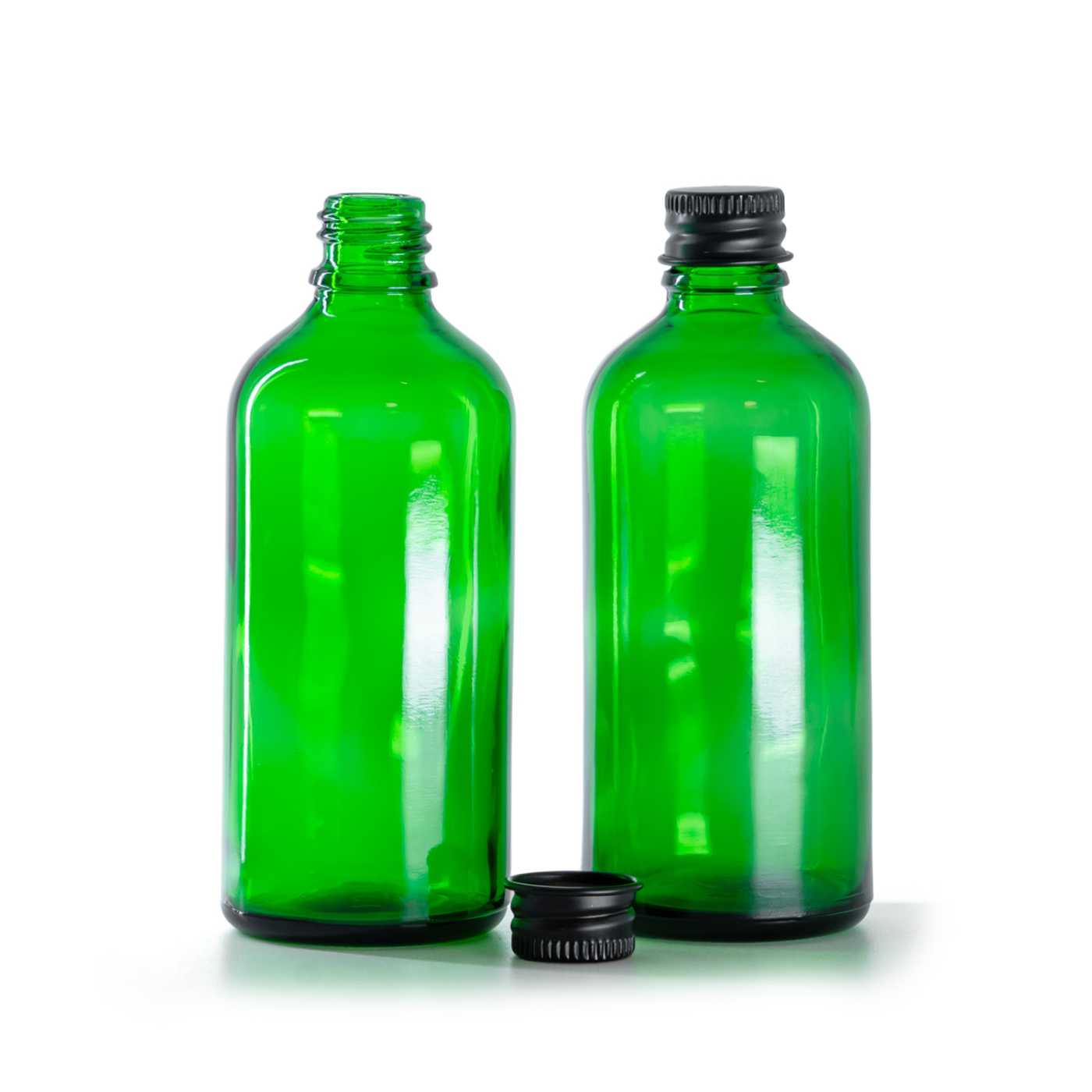 Zöld üvegpalack, fekete alumínium kupak, 100 ml