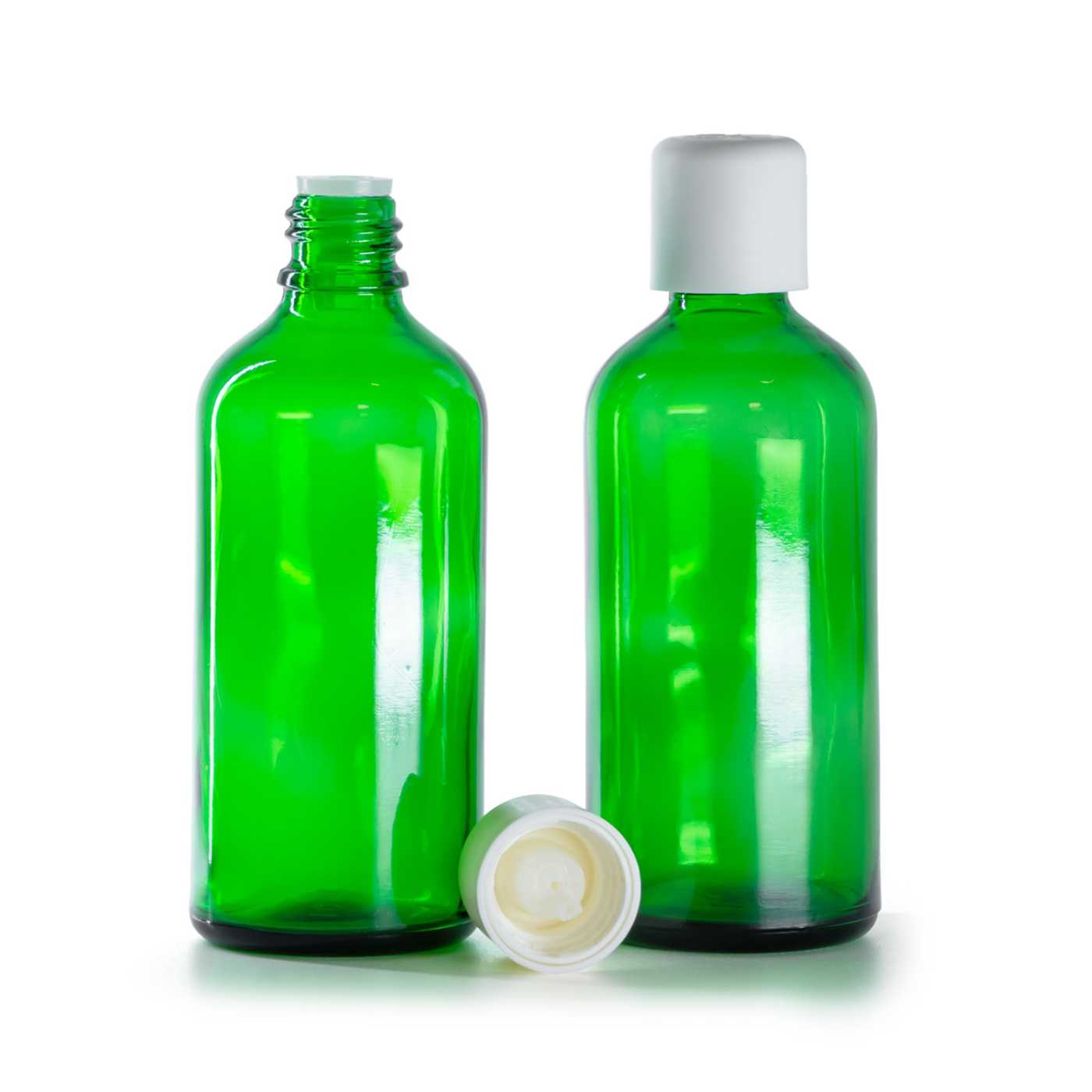 Zöld üvegpalack, fehér biztonsági kupak cseppentővel, 100 ml
