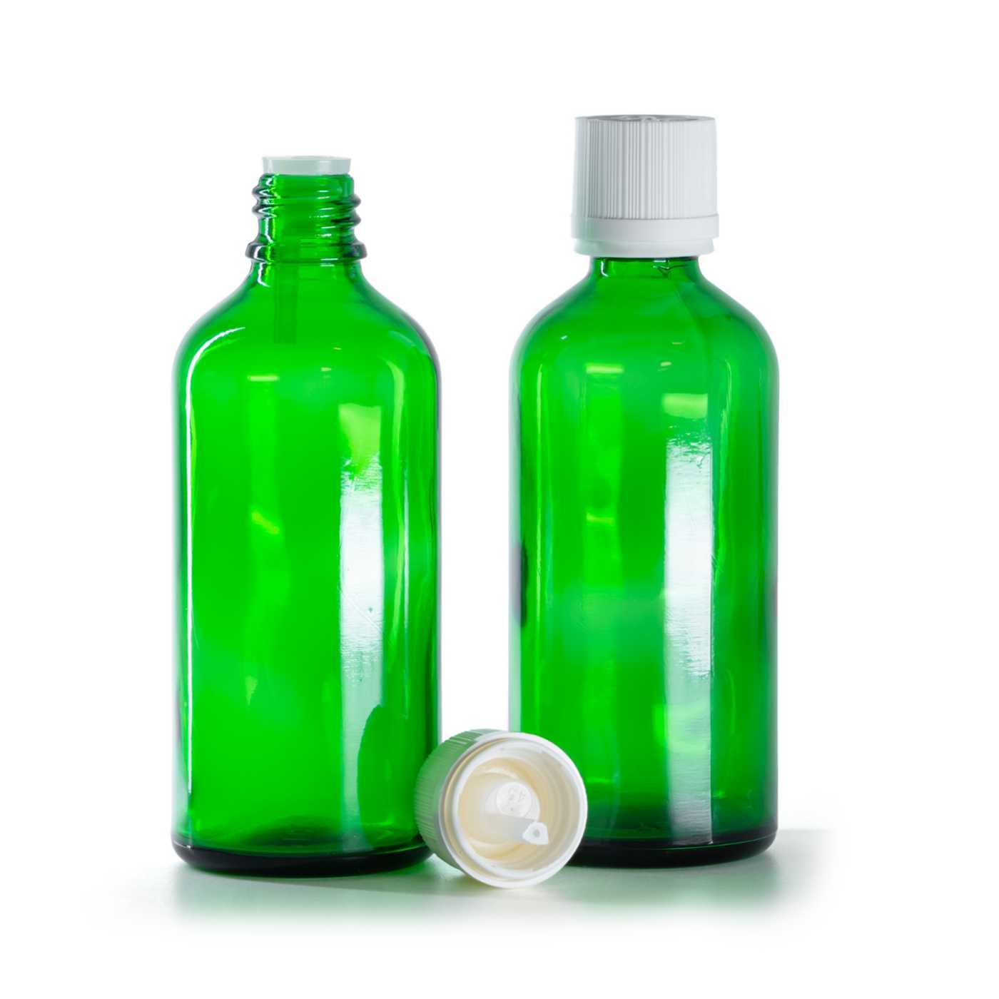 Zöld üvegpalack, fehér, garanciazáras cseppentős kupak, 100 ml
