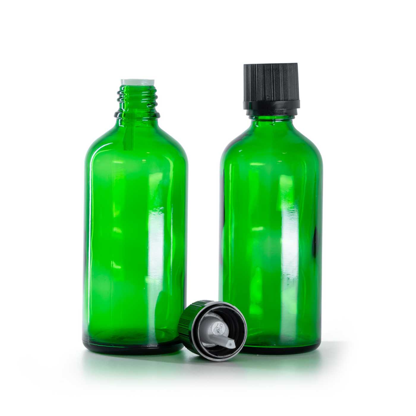 Flacon en verre vert, bouchon de sécurité noir avec compte-gouttes, 100 ml