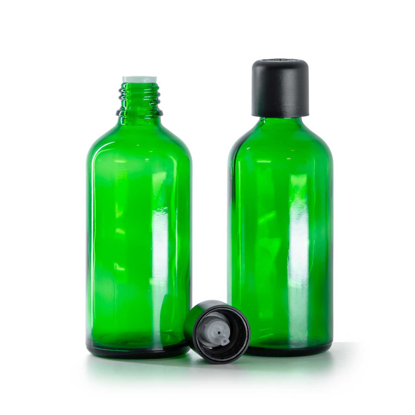 Zöld üvegpalack, fekete biztonsági cseppentős kupak, 100 ml