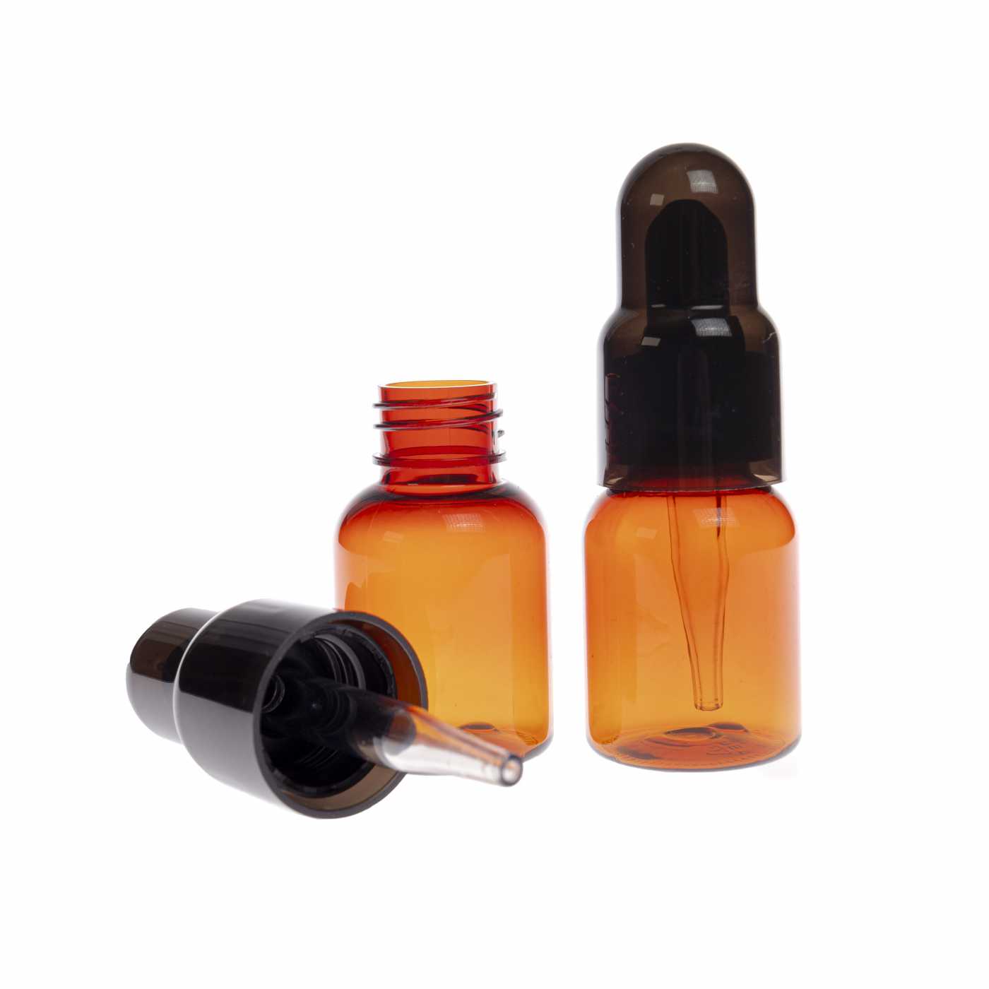 Flacon PET plastique ambré 25 ml avec pipette et bouchon noir