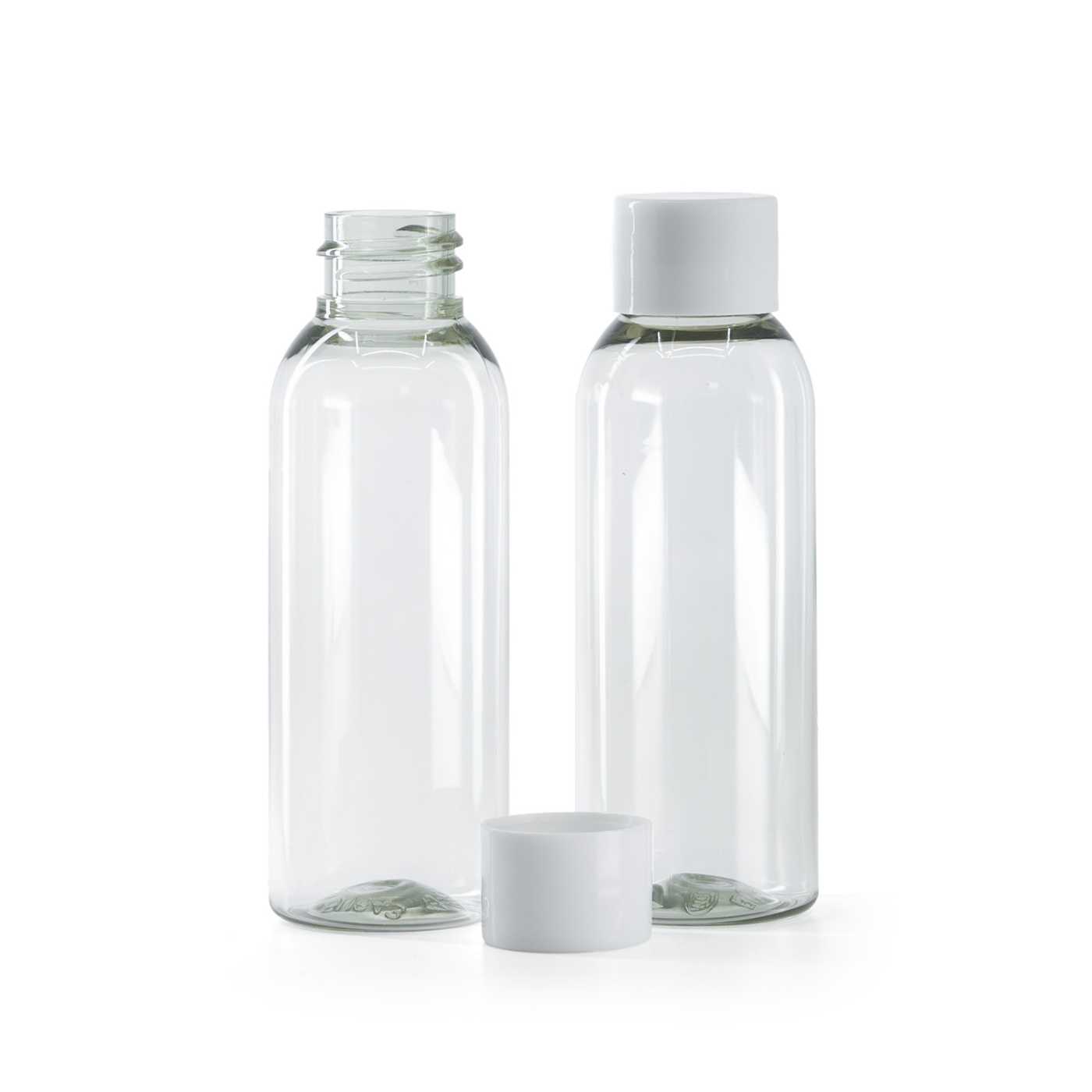 Butelka plastikowa, przezroczysta, nakrętka biała gładka, 50 ml