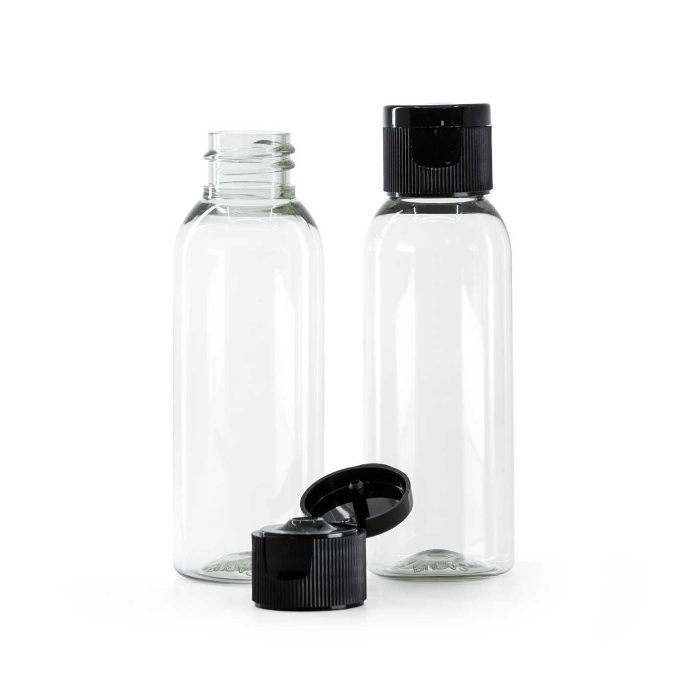 Butelka plastikowa, przezroczysta, flip top czarny, 50 ml