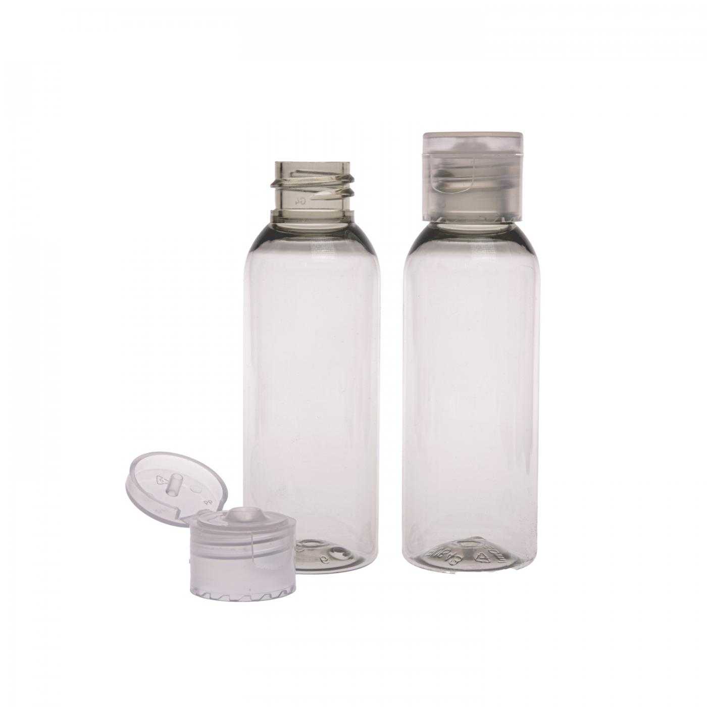 Újrahasznosított műanyag palack, átlátszó, 50 ml, átlátszó flip-top kupak