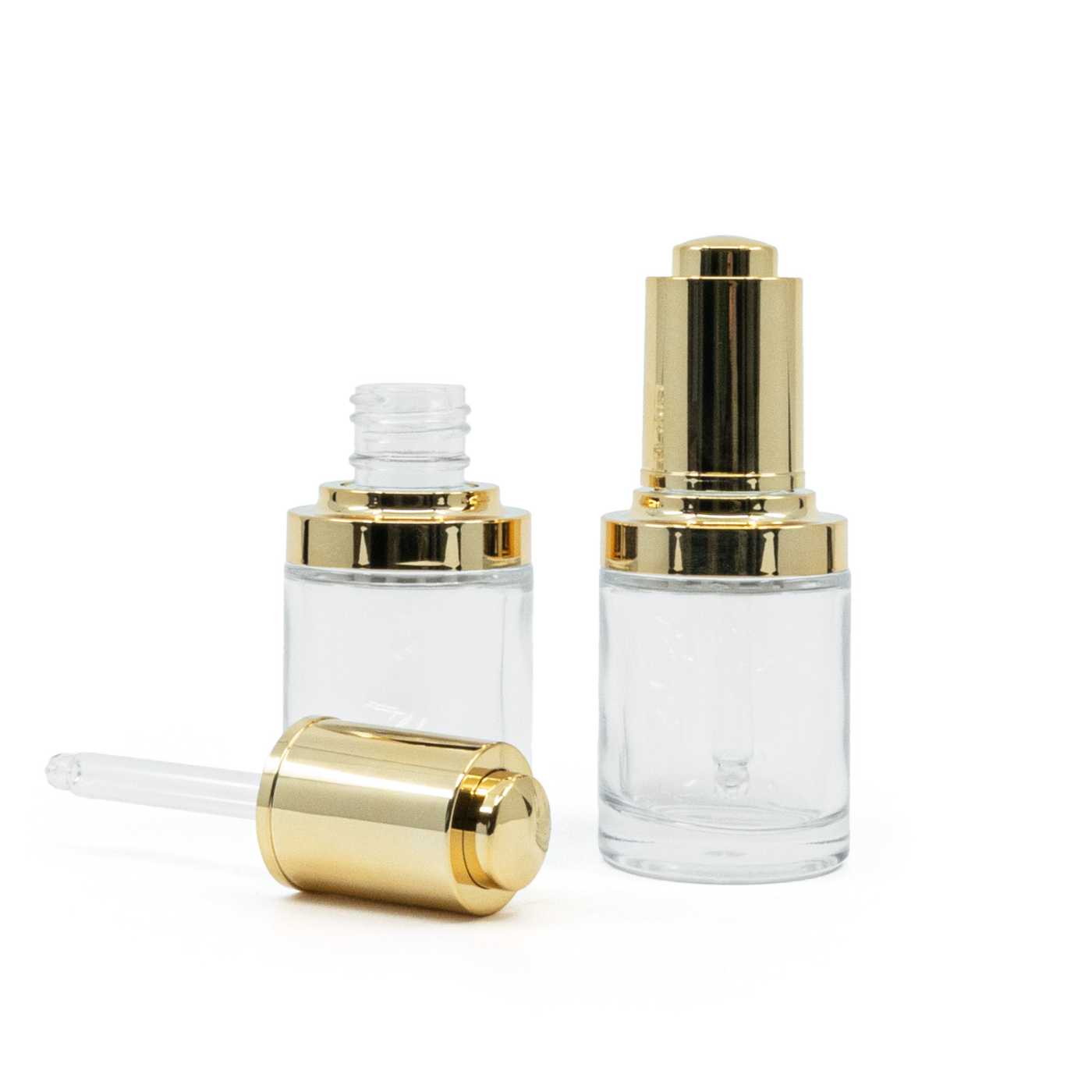 Butelka szklana, szersza, przezroczysta, złoty kroplomierz push, 30 ml