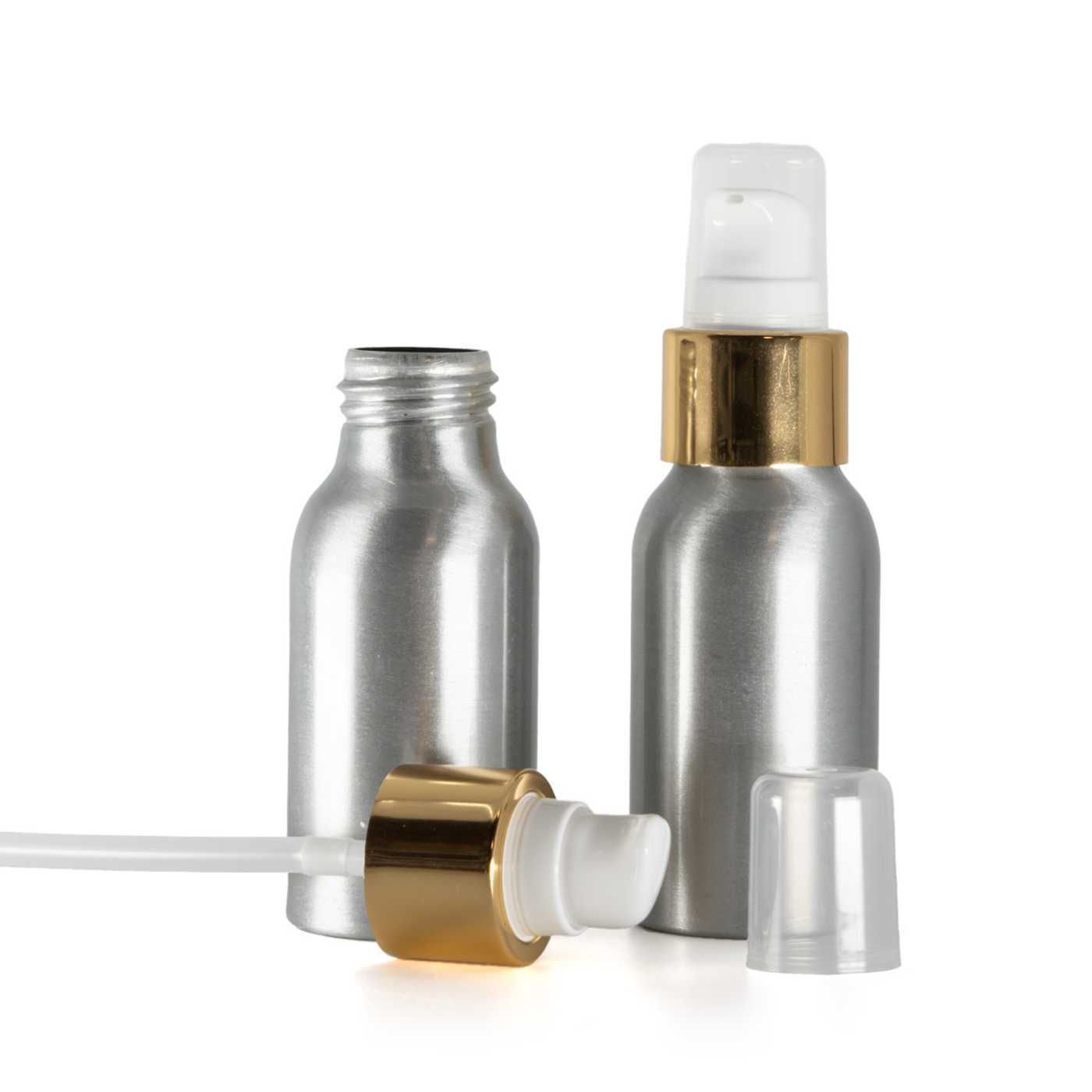 Butelka aluminiowa, biała pompka do balsamu z nasadką, błyszczące złoto, 50 ml