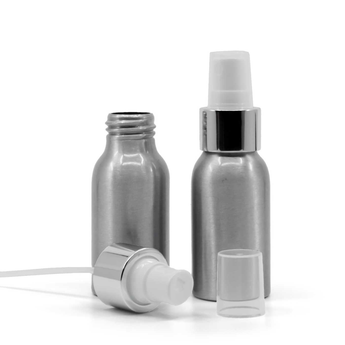 Alumínium üvegcse, fehér szórófej, fényes ezüst gyűrű, 50 ml
