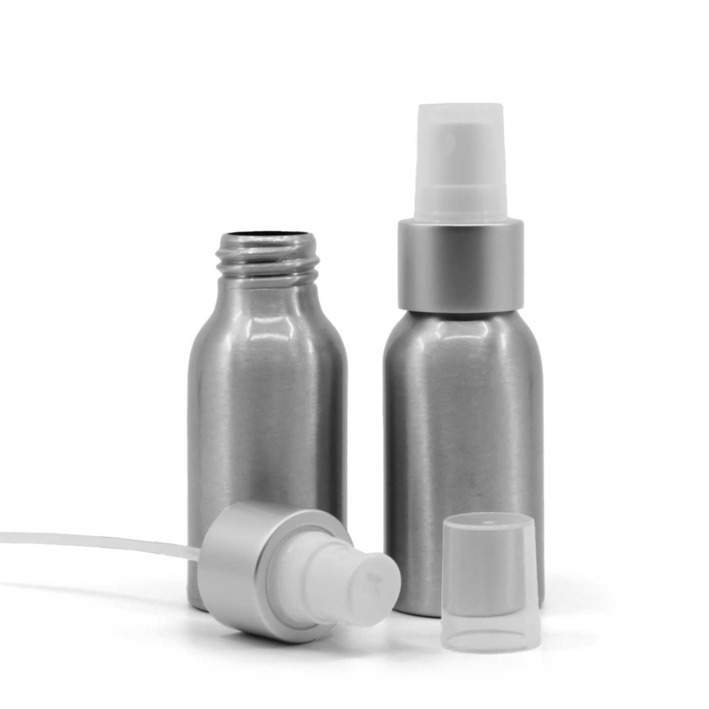 Butelka aluminiowa, biały atomizer, matowa srebrna obręcz, 50 ml