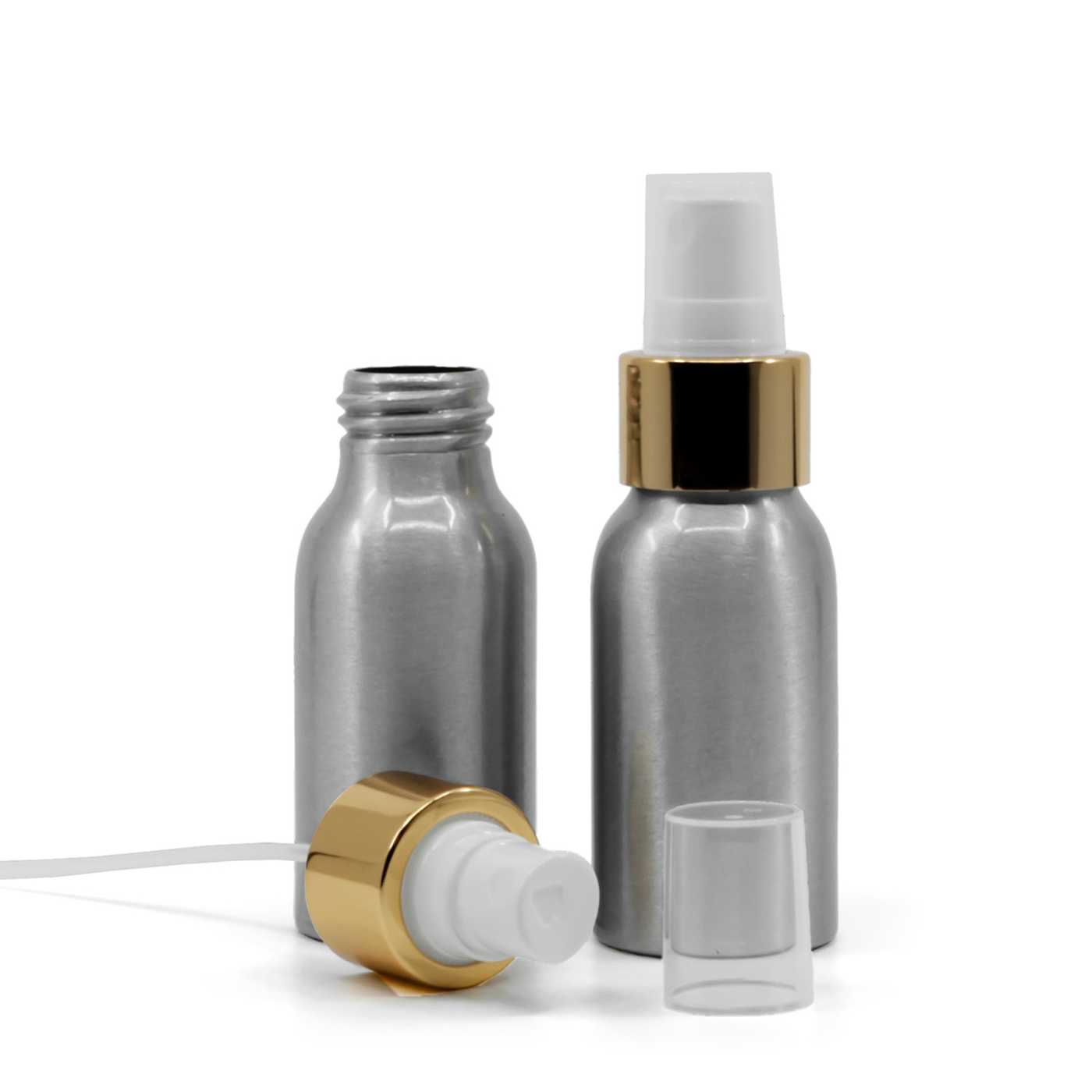 Butelka aluminiowa, biały atomizer, błyszcząca złota obręcz, 50 ml