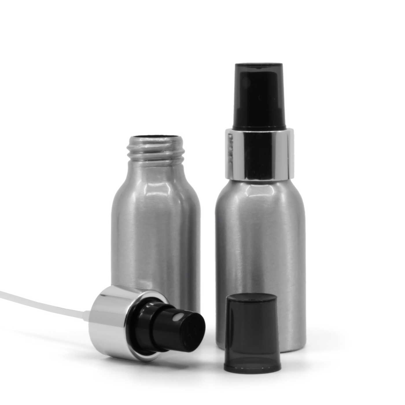Butelka aluminiowa, czarny atomizer z błyszczącą srebrną obręczą, 50 ml