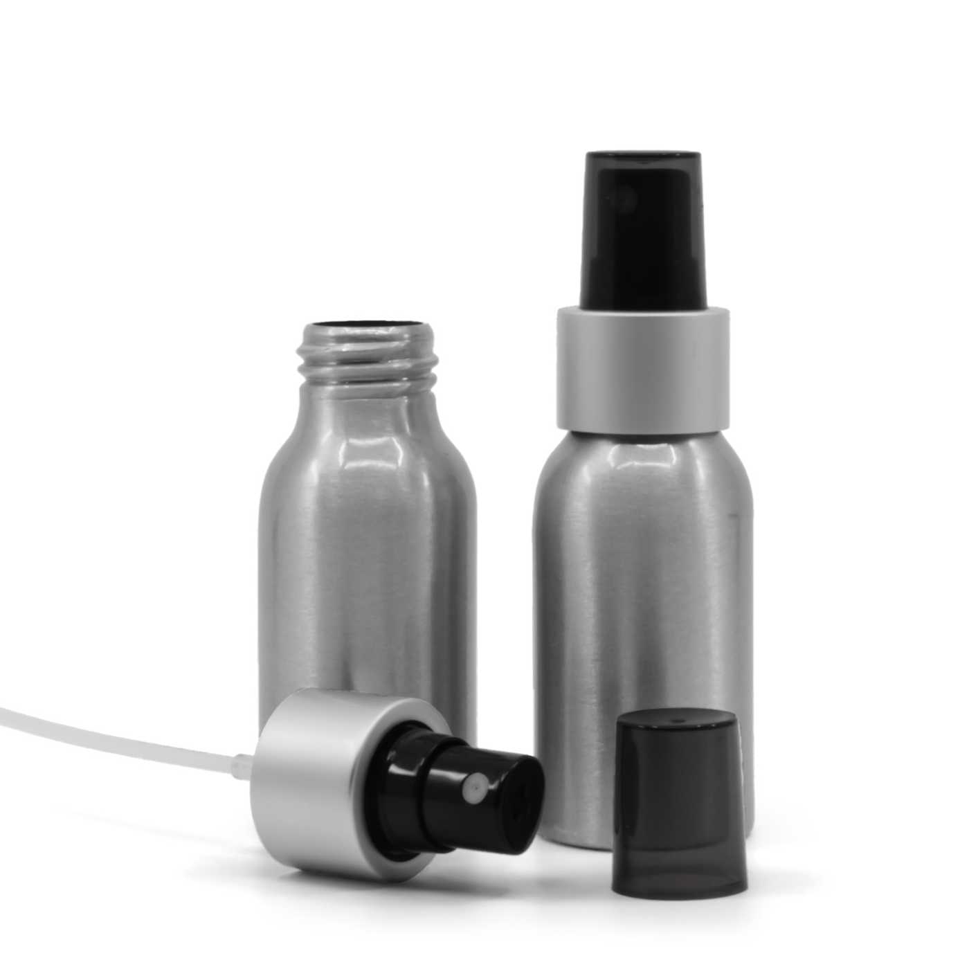 Butelka aluminiowa, czarny atomizer z matową srebrną obręczą, przydymiona nasadka, 50 ml