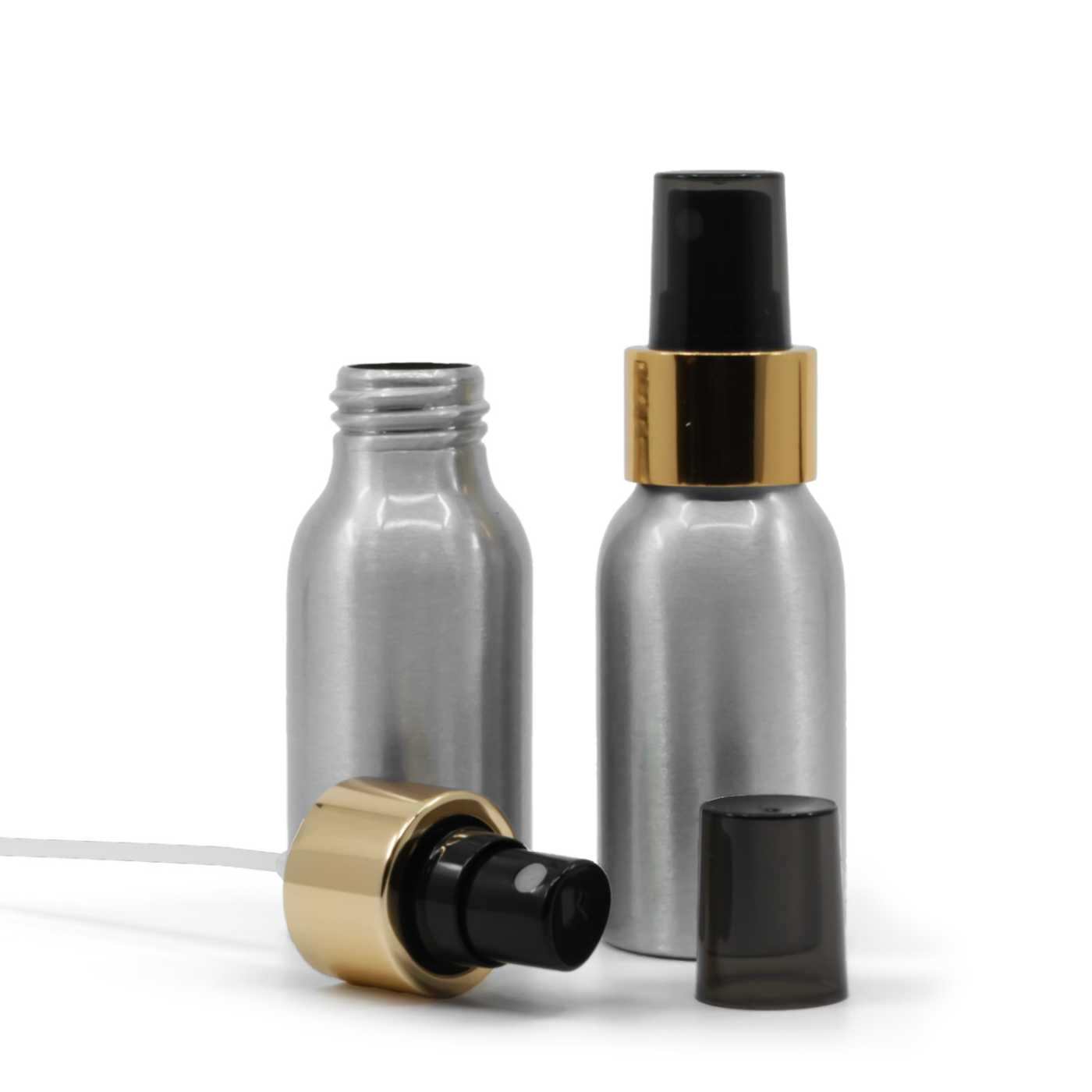 Butelka aluminiowa, czarny atomizer, błyszcząca złota obręcz, 50 ml