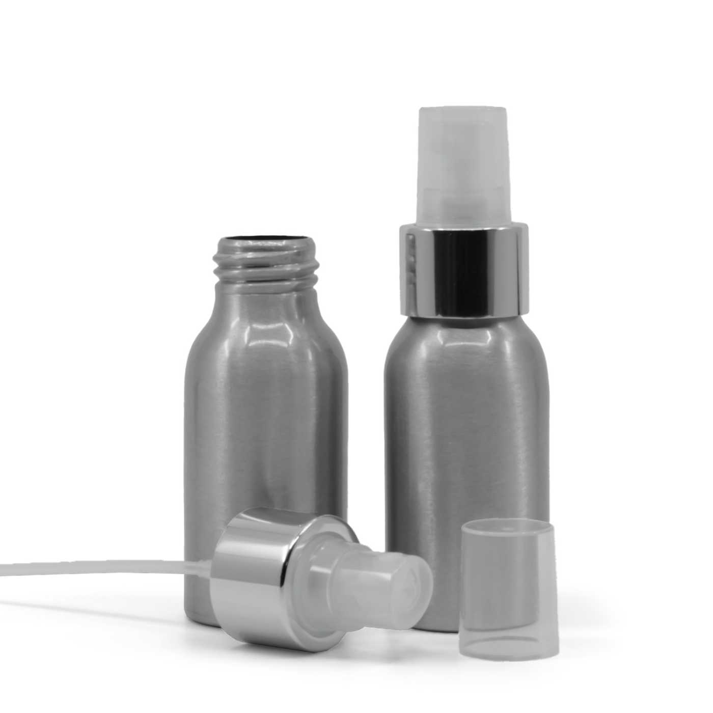 Butelka aluminiowa, przezroczysty atomizer z błyszczącą srebrną obręczą, 50 ml