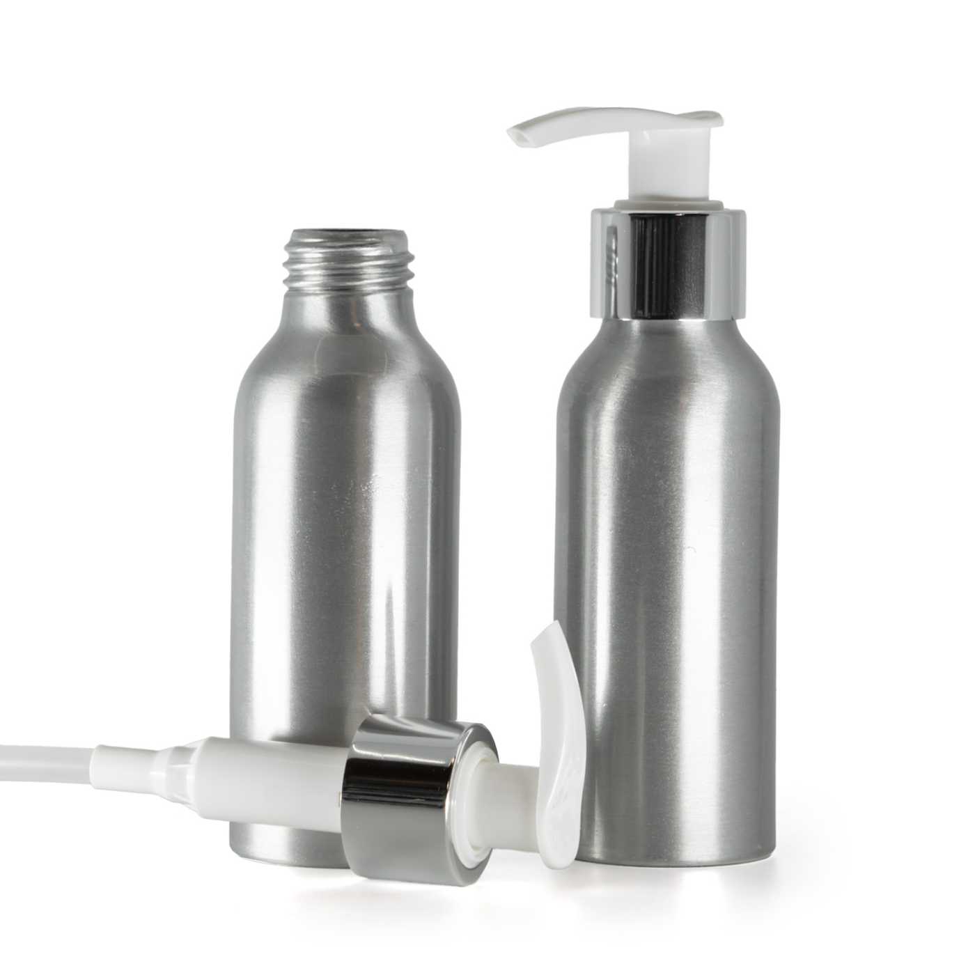 Alumínium palack, fehér krémpumpa ezüst színű sima gallérral, 100 ml
