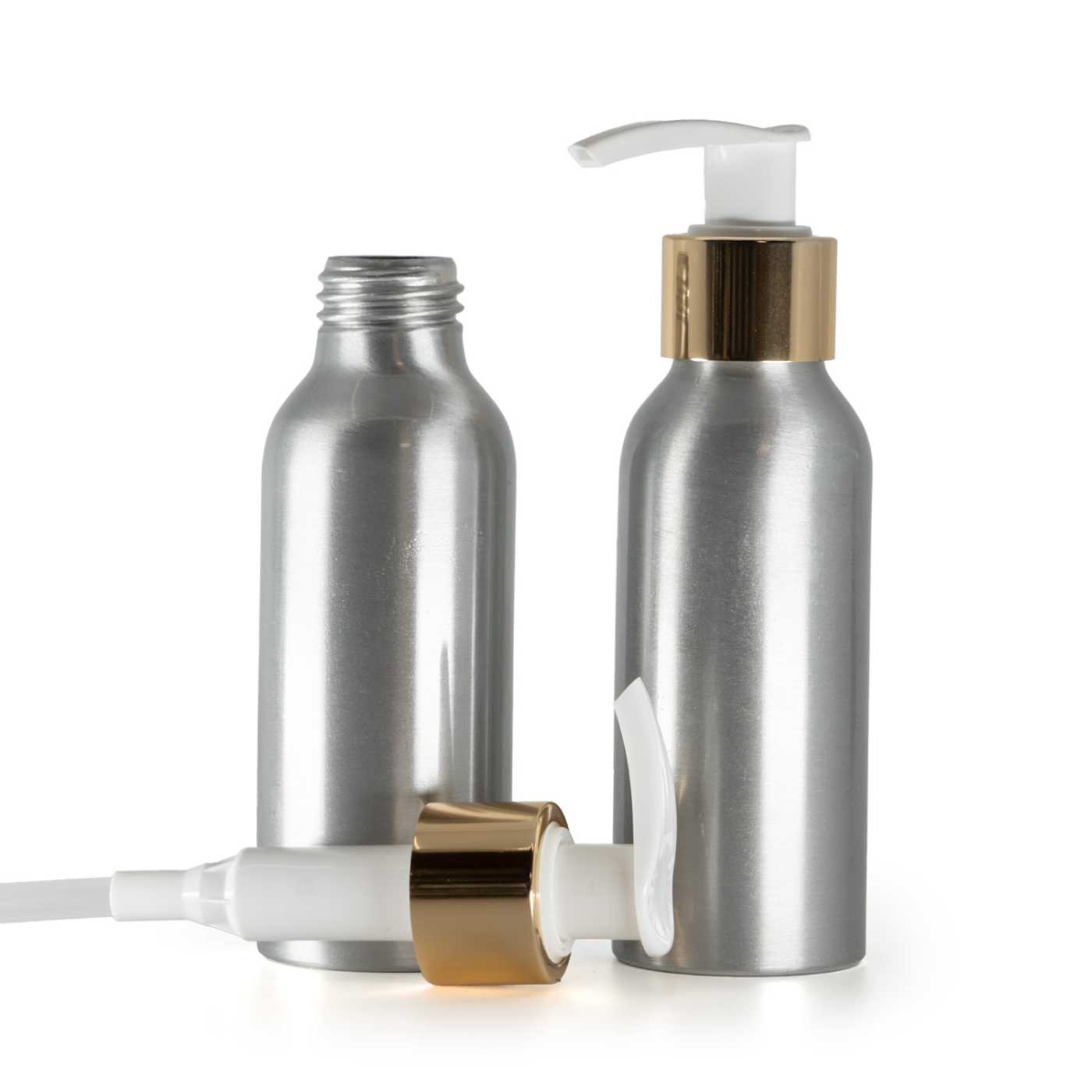 Alumínium palack, fehér krémpumpa arany színű sima gallérral, 100 ml