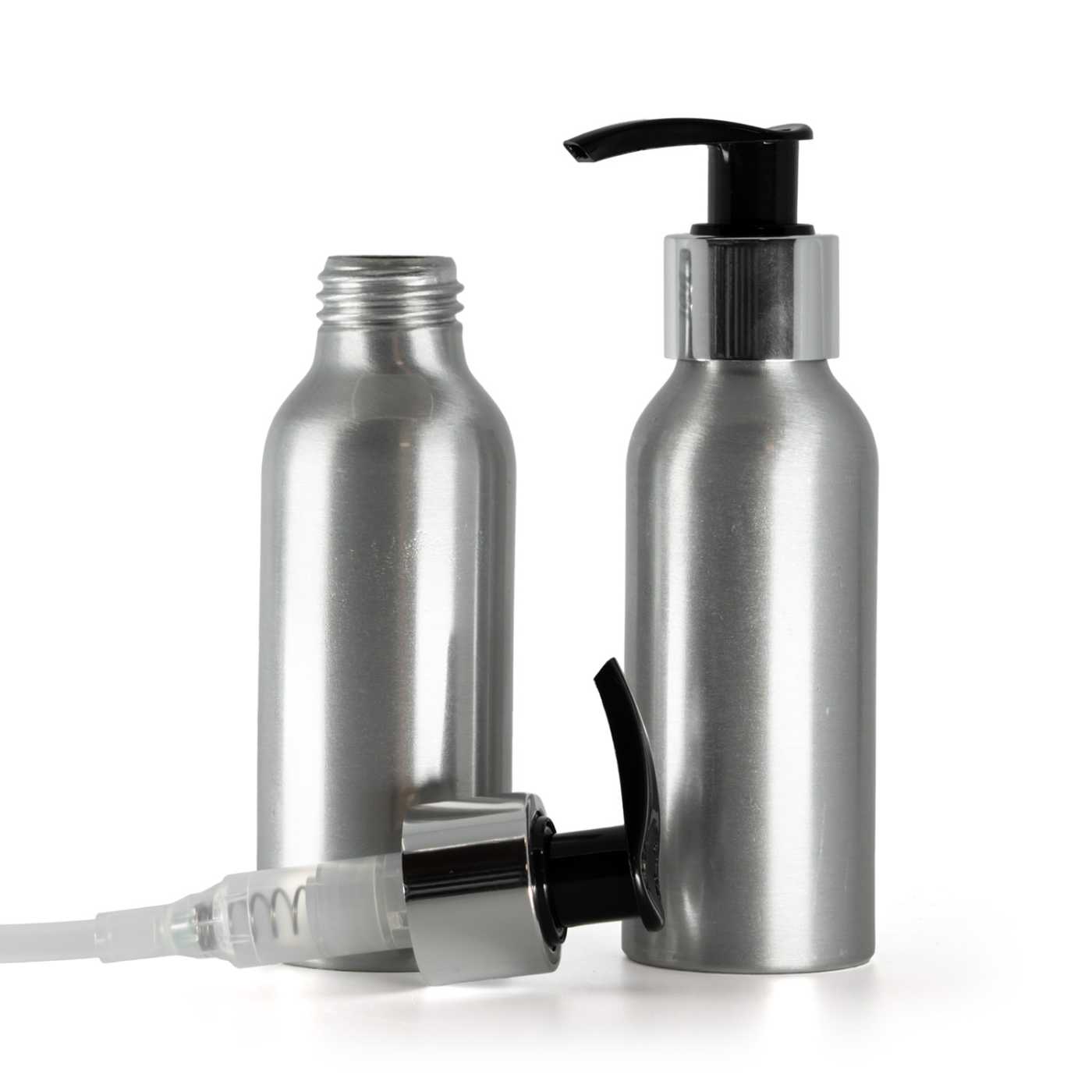 Alumínium üvegcse, fekete-ezüst pumpa, 100 ml