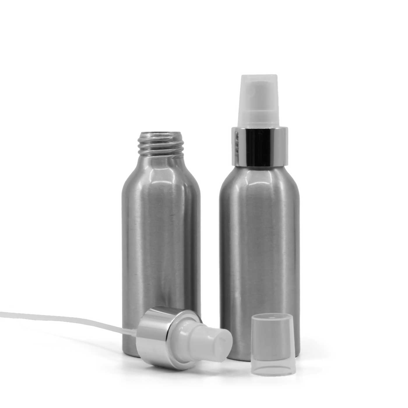 Alumínium palack, fehér szórófej, fényes ezüst gyűrű, 100 ml