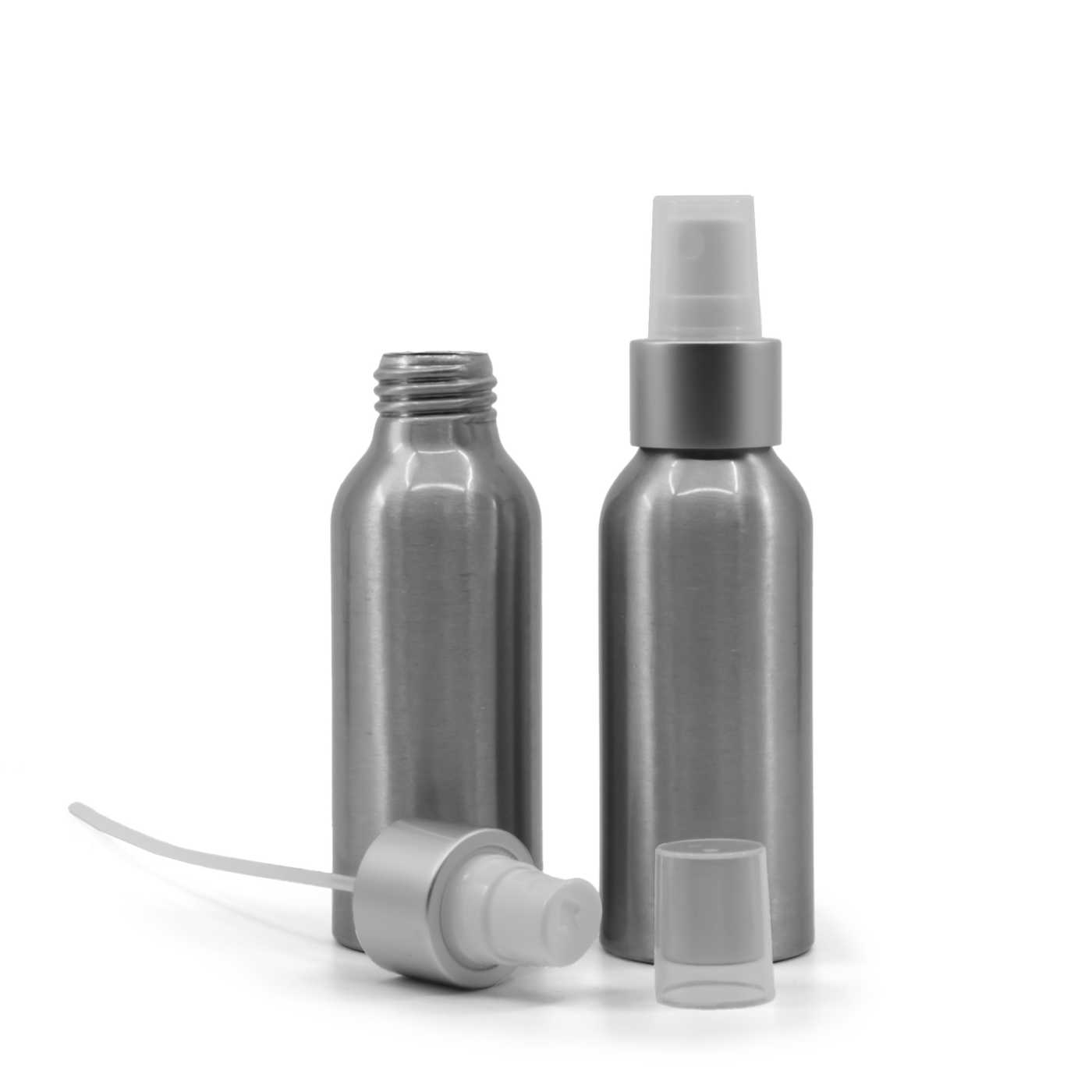 Alumínium palack, fehér szórófej, ezüst matt gyűrű, 100 ml