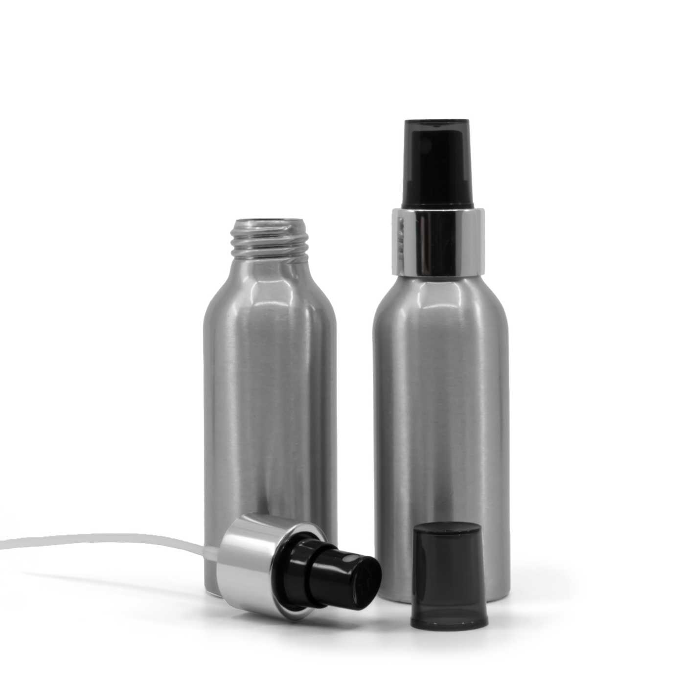 Alumínium üvegcse, fekete szórófej, fényes ezüst gyűrű, 100 ml